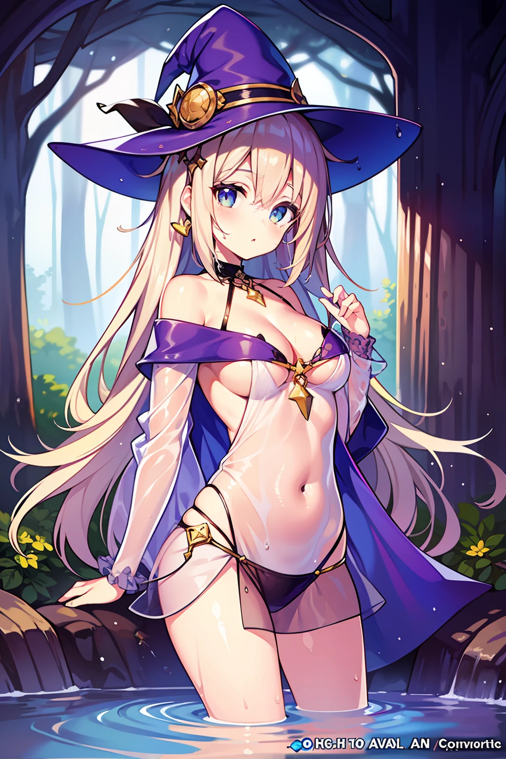 (Obra Prima), (Max Quality), (Ultra Detail), (Best Anatomy), Official Art, One Girl, Light-Colored Hair Loli, Petite Girl, Witch, See-Through Robe, Small Breasts, Cleavage, Off Shoulder, Underboob, Side Boob, Thigh Focus, Navel Bared, Low Angle, Wet and See-through, Deep Forest Fountain