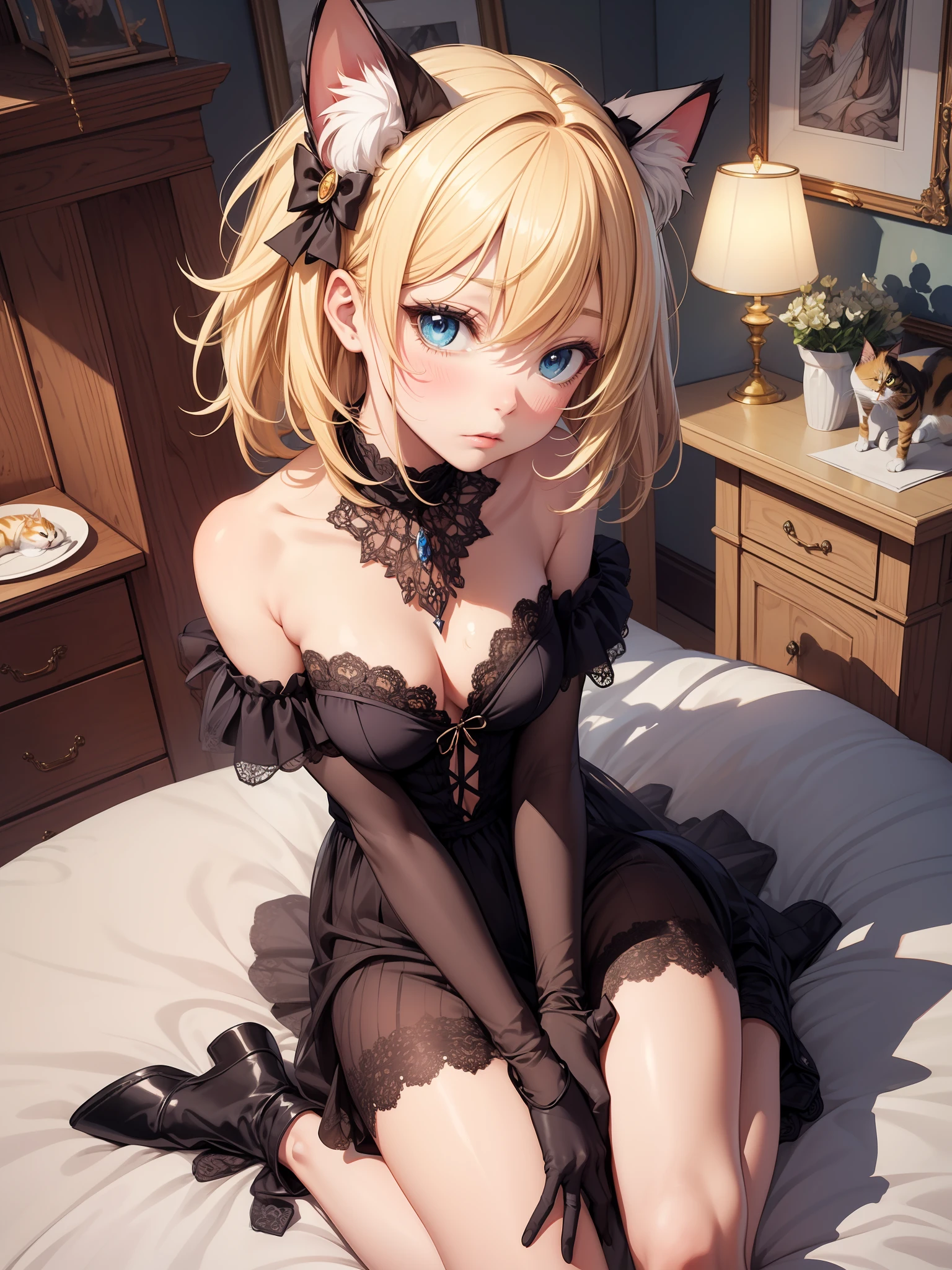 Absurdity, super detail, masterpiece, top quality, break, official art, (beautiful and aesthetic: 1.2), (watercolor: mid), break, beautiful girl, (cute: 1.3), , break, colorful hair, (yellow and golden hair: 1.2), (fractal art 1.3), break, cat ears, sexy, (cat gloves: 1.2), break, naked, naked beautiful, shiny skin, break, Blue eyes, break, angle from above, break, fluffy bed, break, shy, nervous, blush, break, cat-like pose, break, kneeling, break, loli, small,reak,