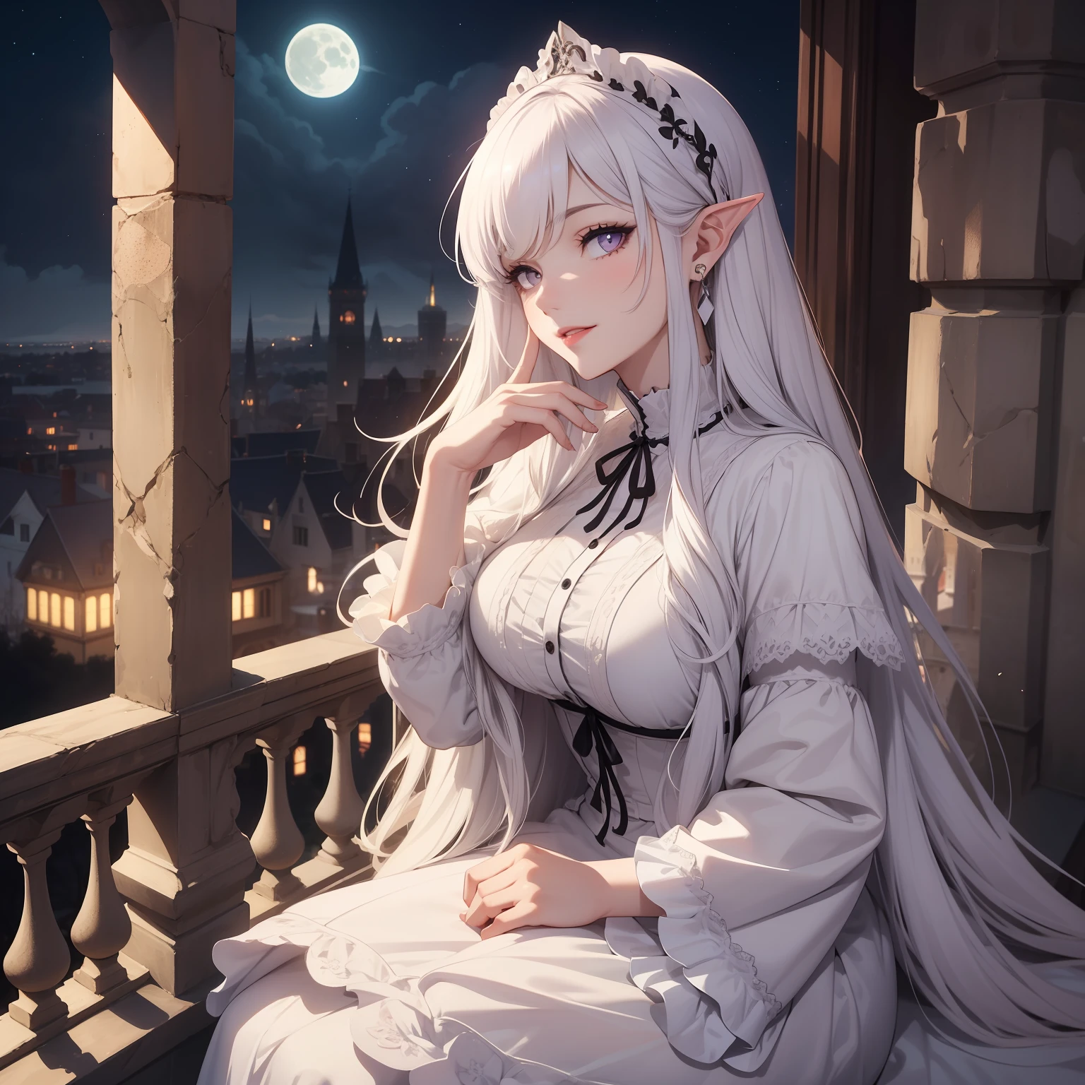 27-year-old girl, completely white skin, pointed ears, lilac lips, beautiful white long hair, elegant Victorian white dress, Sitting on the stone balcony of a gothic castle nonchalantly looking at the moon with a calm smile, night sky