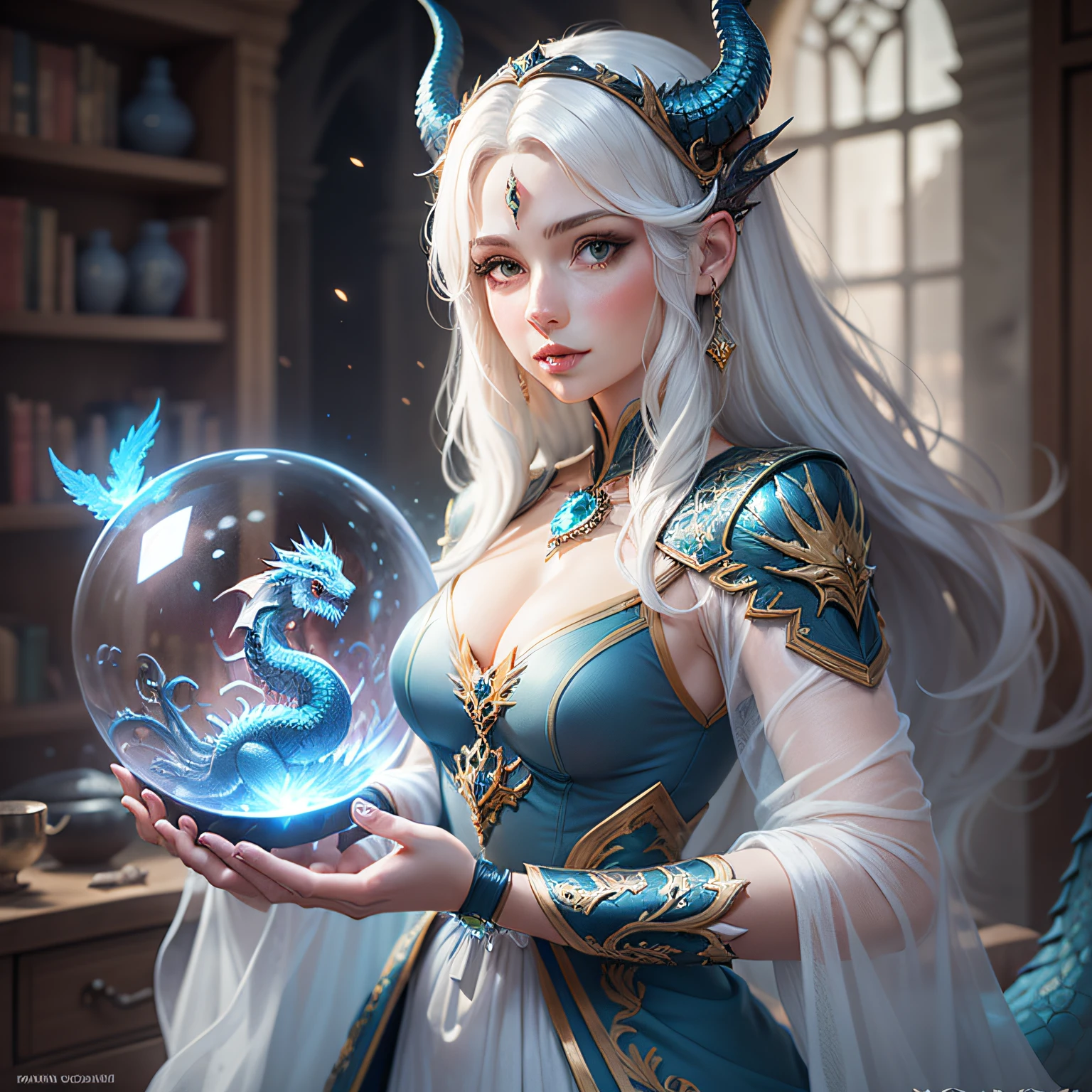 Draw a woman with white hair and blue dress holding a crystal ball, fantasy art style, cast ice hockey, high quality fantasy art with dragon horns on her head and a blue dragon on her back