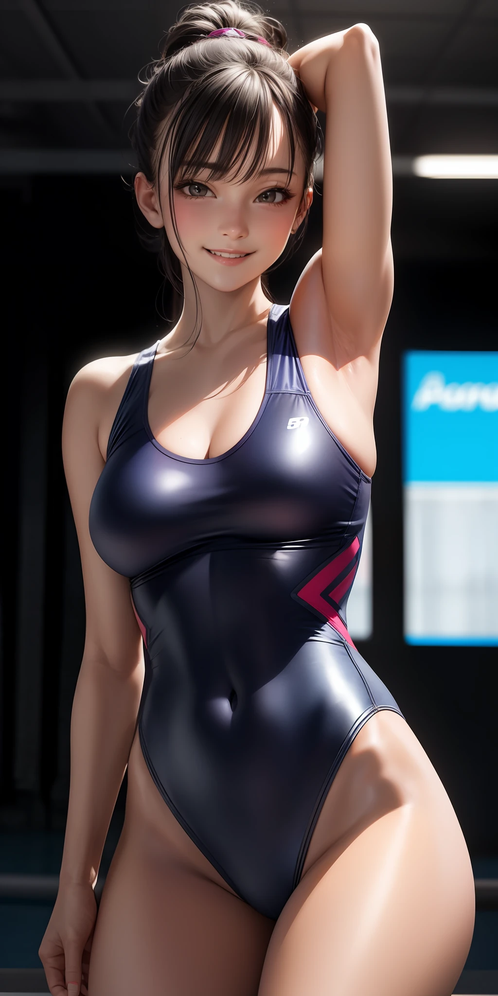 realistic, girl, gymnastics, leotard, background practice venue, sexy, smiling