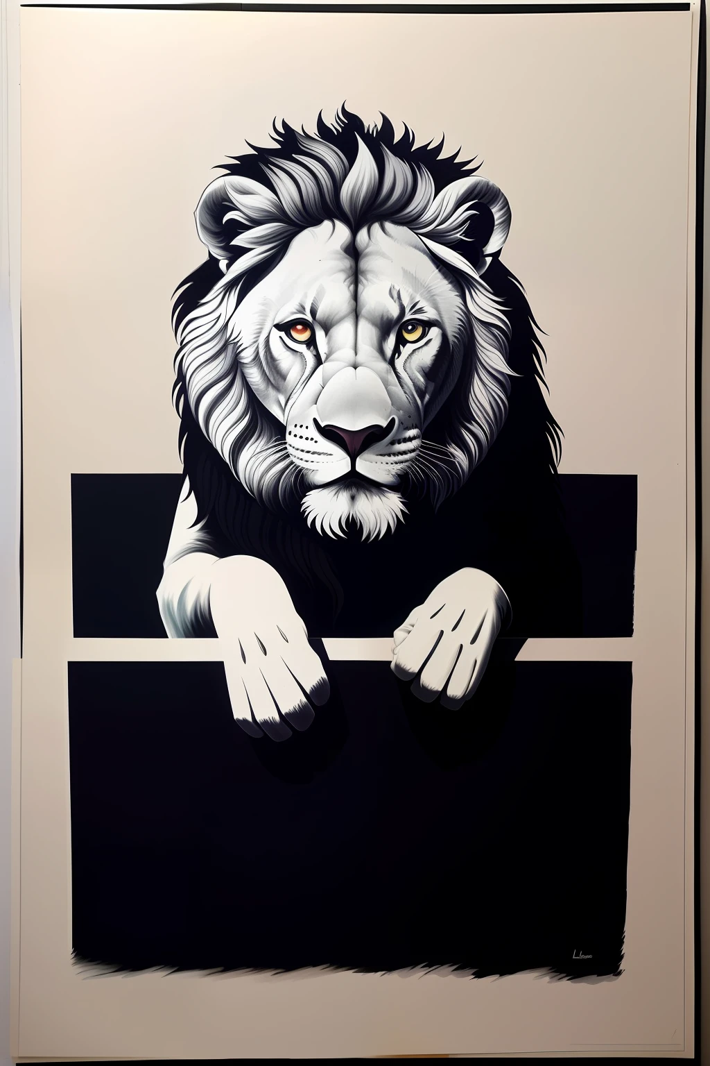 painting of a 1lEON sitting on a ledge in the dark, silhueta detalhada, silhueta :7, lion, por Lotte Cleaner, em papel preto, Simba, half lion, inspirado em Lotte Reiniger, production art, nas sombras, illustration », Direction: João Boul, 3 0, Direction: Leo Leuppi, monochromatic airbrush painting