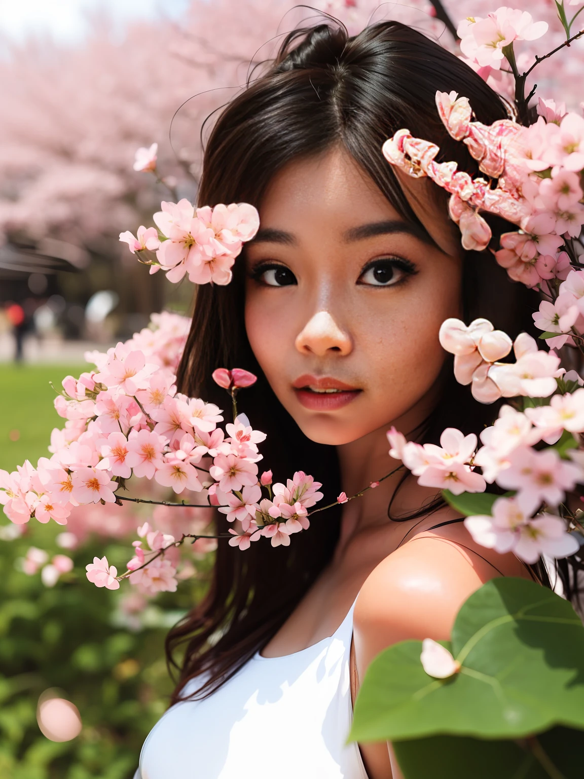 "A beautiful woman in flowers at the flower show, she is contemporary supermodel Dang My Linh, in a beautiful garden, photographed in the mall, in the cherry blossom season, delicate and shiny skin, detailed facial details, big eyes"