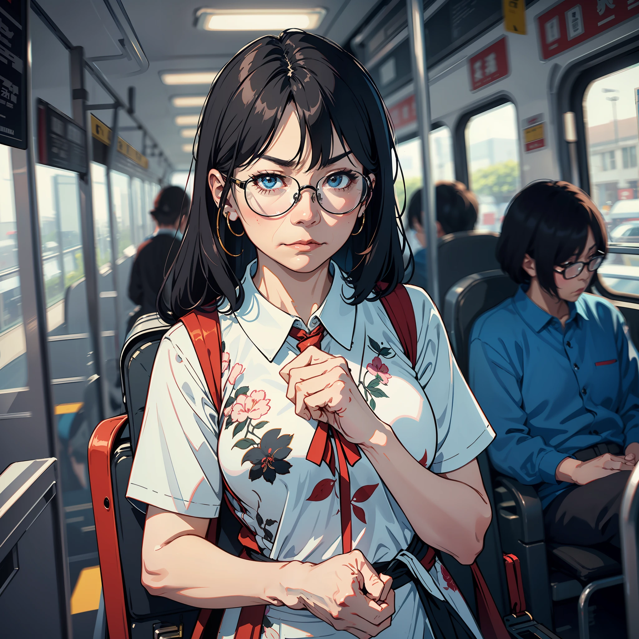 An old woman, with white sideburns, a wrinkled face, black-framed glasses, blue glasses, a red cheongsam, angry, with her hands crossed at the waist, stood on the bus, surrounded by passengers