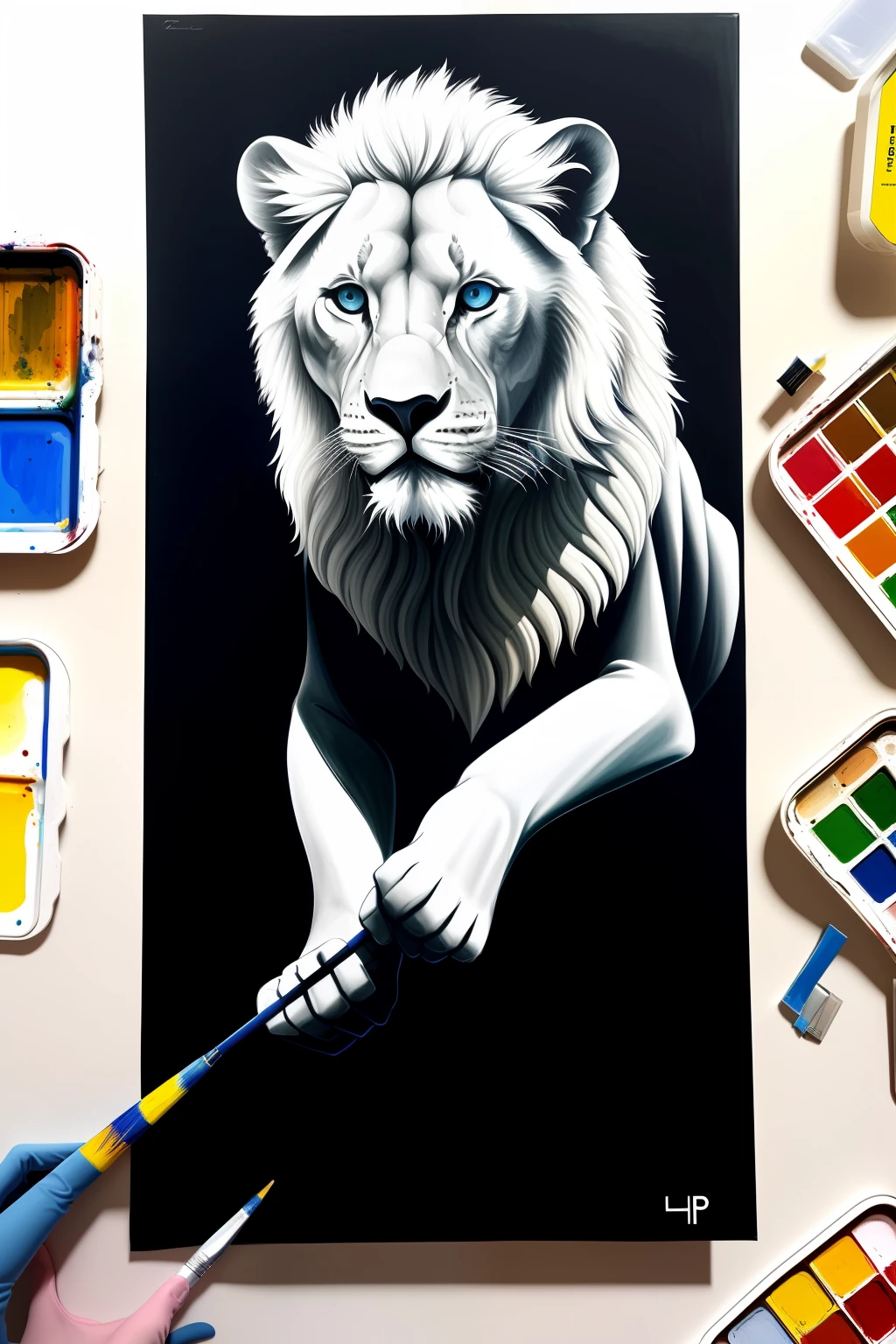 painting of a 1lEON sitting on a ledge in the dark, silhueta detalhada, silhueta :7, lion, por Lotte Cleaner, em papel preto, Simba, half lion, inspirado em Lotte Reiniger, production art, nas sombras, illustration », Direction: João Boul, 3 0, Direction: Leo Leuppi, monochromatic airbrush painting