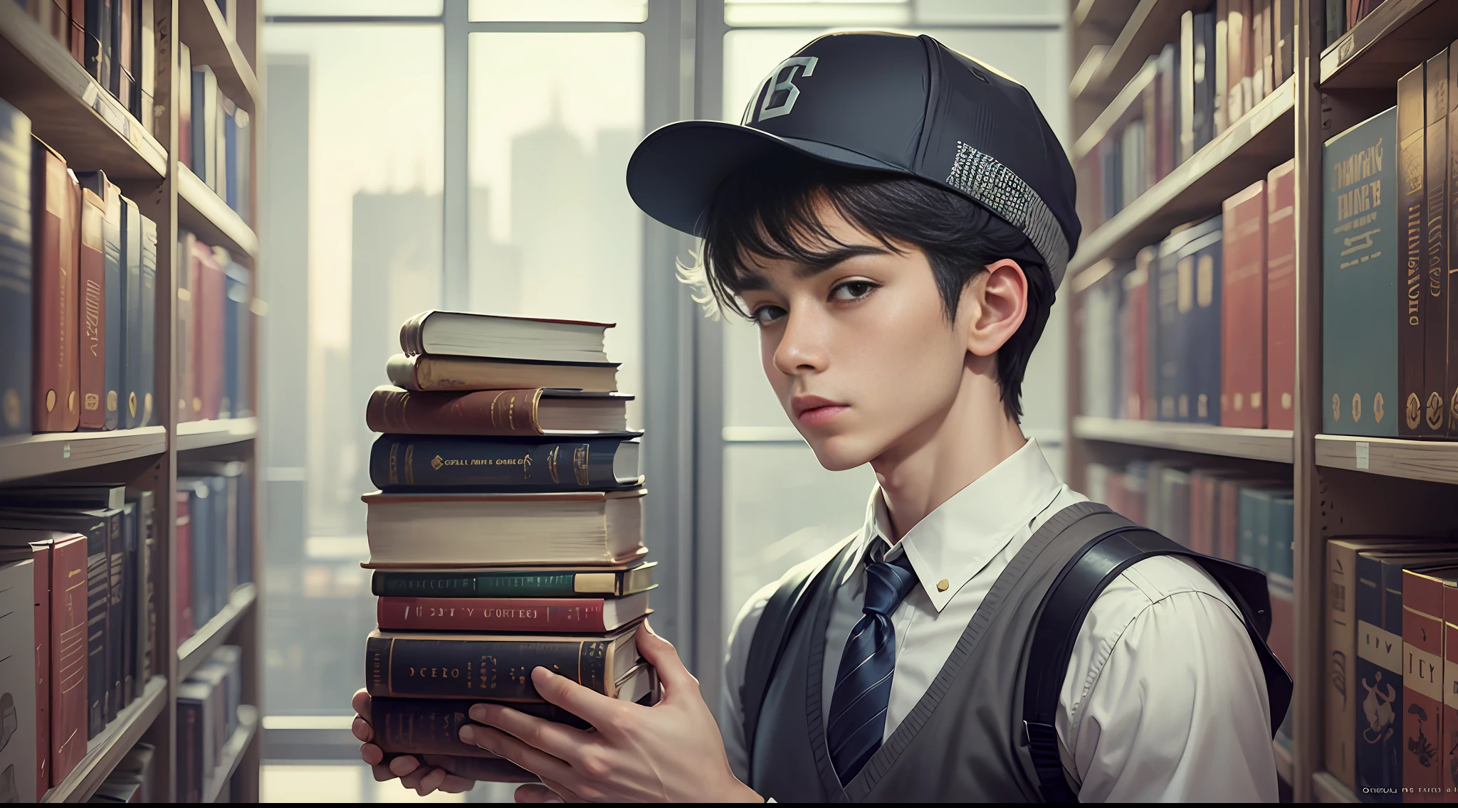 A handsome age man,Wearing a basketball cap,She has short black hair,Wearing a gray vest,Holding a heavy library of borrowed books,The book cover has a thick and colorful pattern,super-detail,highs quality,HIGH RES,Masterpiece quality