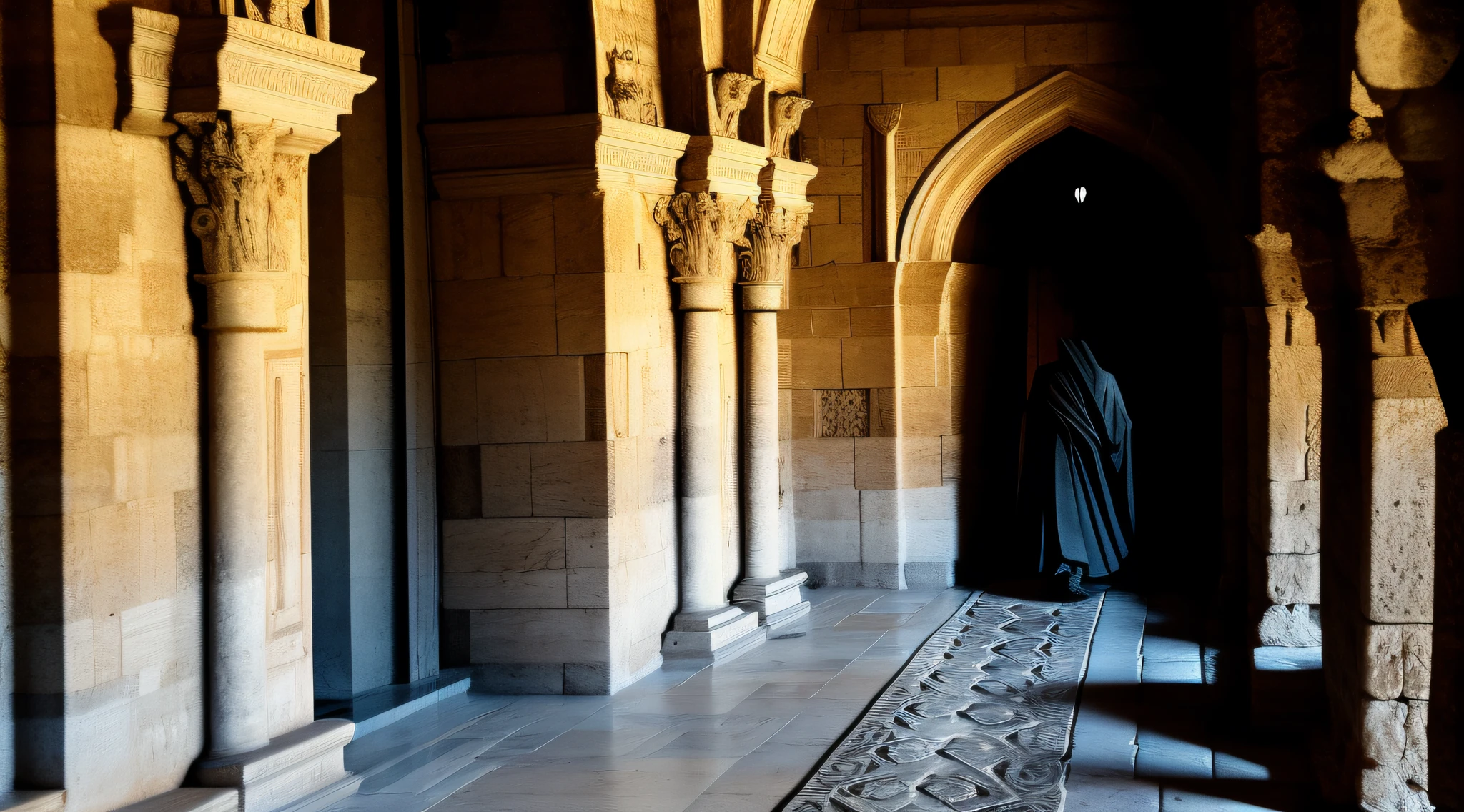 Shadow of an elderly king wearing a crown, sneaking alone through the corridors of Jerusalem, no lighting