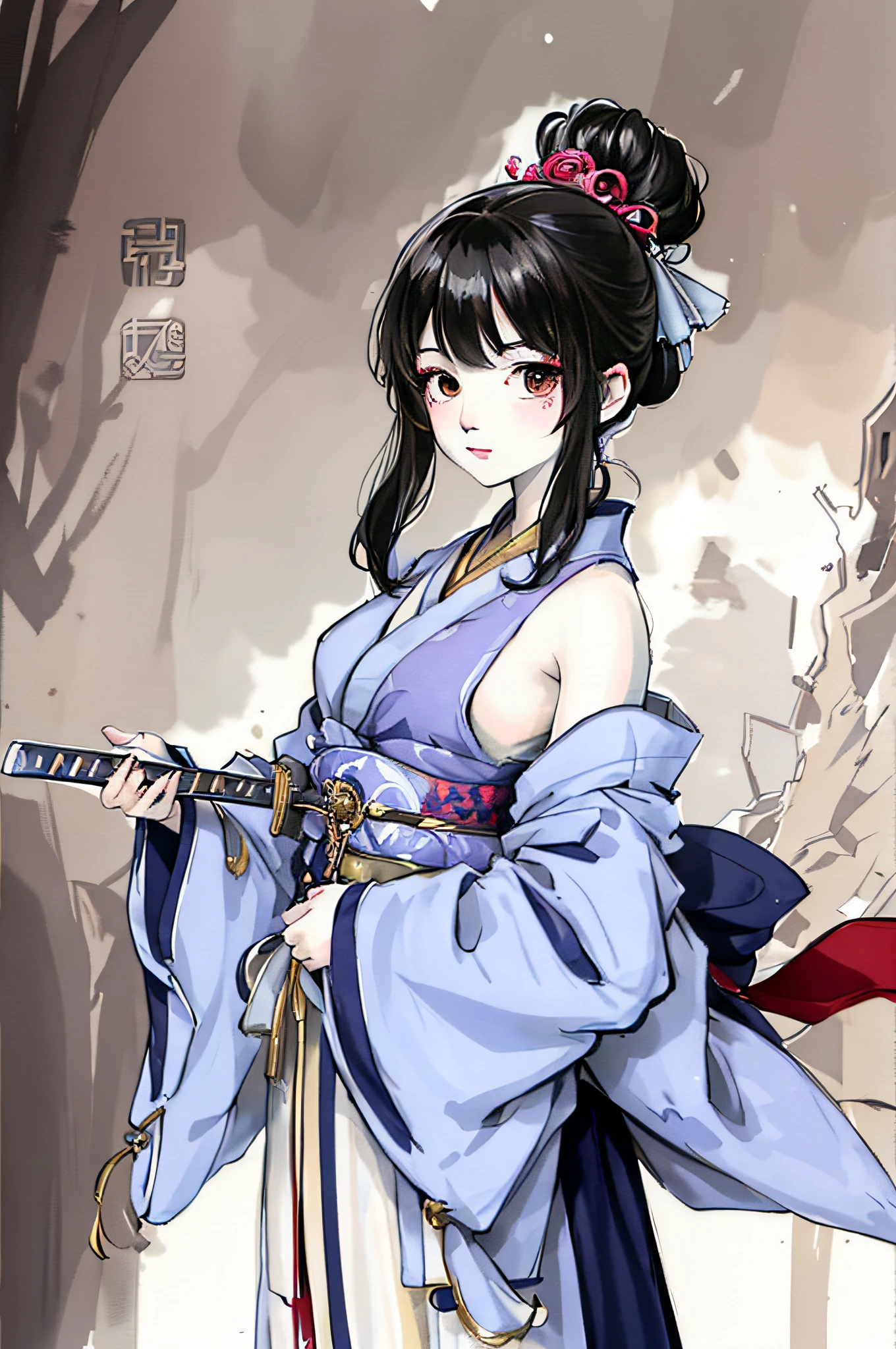 there is a woman in a kimono dress holding a sword, she is holding a katana sword, beautiful character painting, by Yang J, anime art, guweiz on pixiv artstation, guweiz on artstation pixiv, anime painting, holding a sword on her shoulder, anime illustration, demon slayer rui fanart, trending anime art