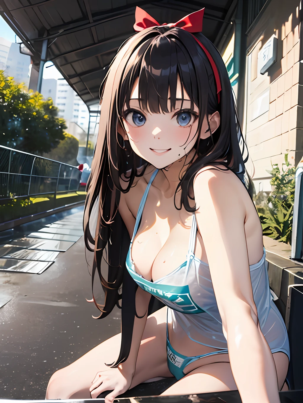 Discount mode, NSFW, masterpiece, top quality, ultra high definition, highest resolution, highly detailed, professional lighting, clean skin, illustration, one girl, cowboy shot, short stature, slender, very cute, young face, cleavage, lower breast, hands on chest, wet body, (breasts out:1.2), black hair, semi-long hair, hair ribbon, blue eyes, (evil smile: 1.2), (sitting on the ground: 1.1) Open legs, raise legs, (plastic bag 1.1), swimsuit, navel, from below, citizen pool, (wind: 1.2)