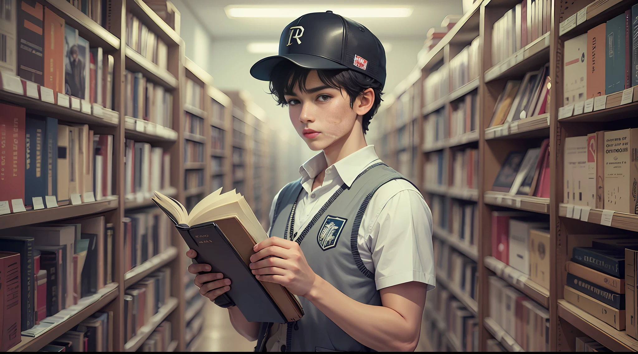 A handsome teenage man，Wearing a basketball cap，She has short black hair，Wearing a gray vest，Holding a heavy library of borrowed books，The book cover has a thick and colorful pattern，super-detail，highs quality，HIGH RES，Masterpiece quality