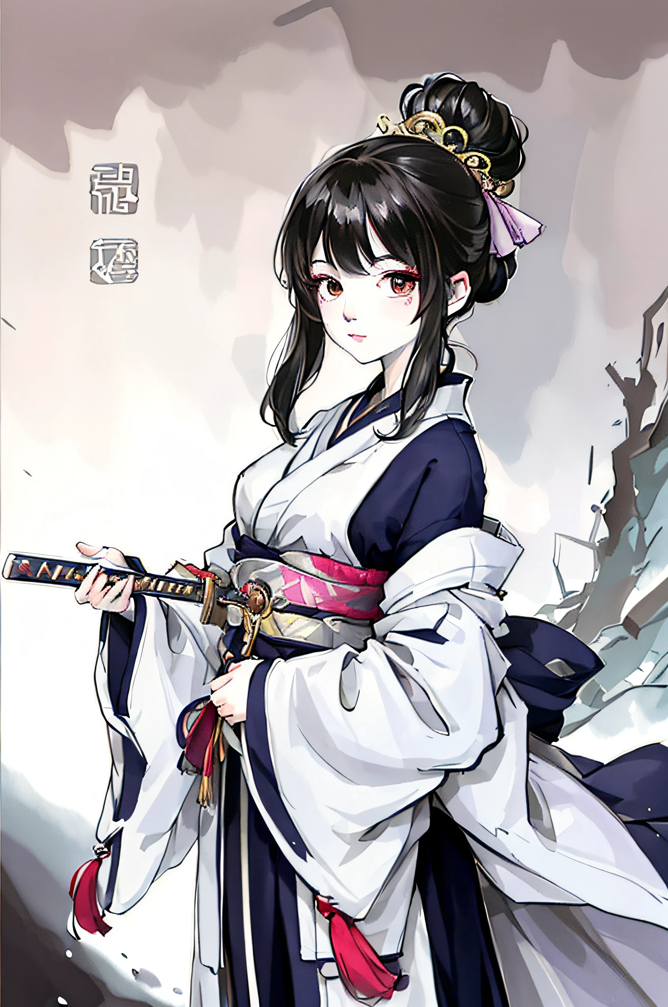 there is a woman in a kimono dress holding a sword, she is holding a katana sword, beautiful character painting, by Yang J, anime art, guweiz on pixiv artstation, guweiz on artstation pixiv, anime painting, holding a sword on her shoulder, anime illustration, demon slayer rui fanart, trending anime art