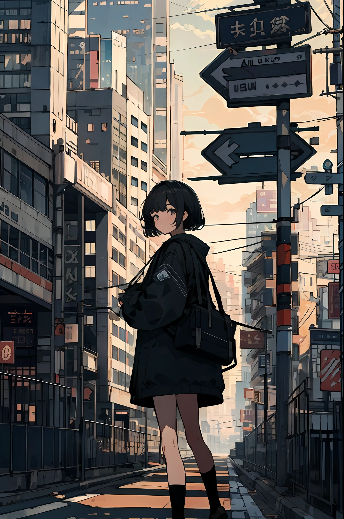 best quality, 4K wallpaper, masterpiece, extremely detailed CG unity 8k wallpaper, extremely detailed eyes, ultra-detailed, intricate details, 1girl, retro art style, retro art style,  public, outdoors, road sign, city,