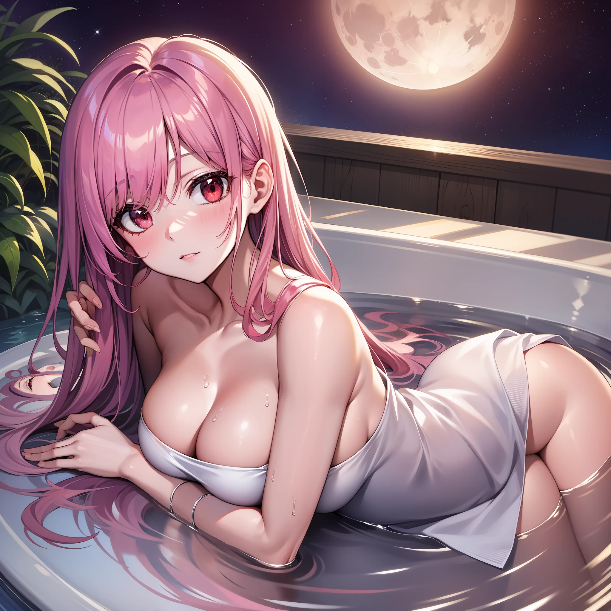 Fine face, long eyelashes, fine eyes, straight hair, (red eyes: 1.3), (pink hair and white mesh: 1.2), large cleavage, slim, angle from above, open-air bath, night, full body, lying on the bench next to the open-air bath, bath towel wrapped around the body, towel is transparent, the moon is reflected in the bath
