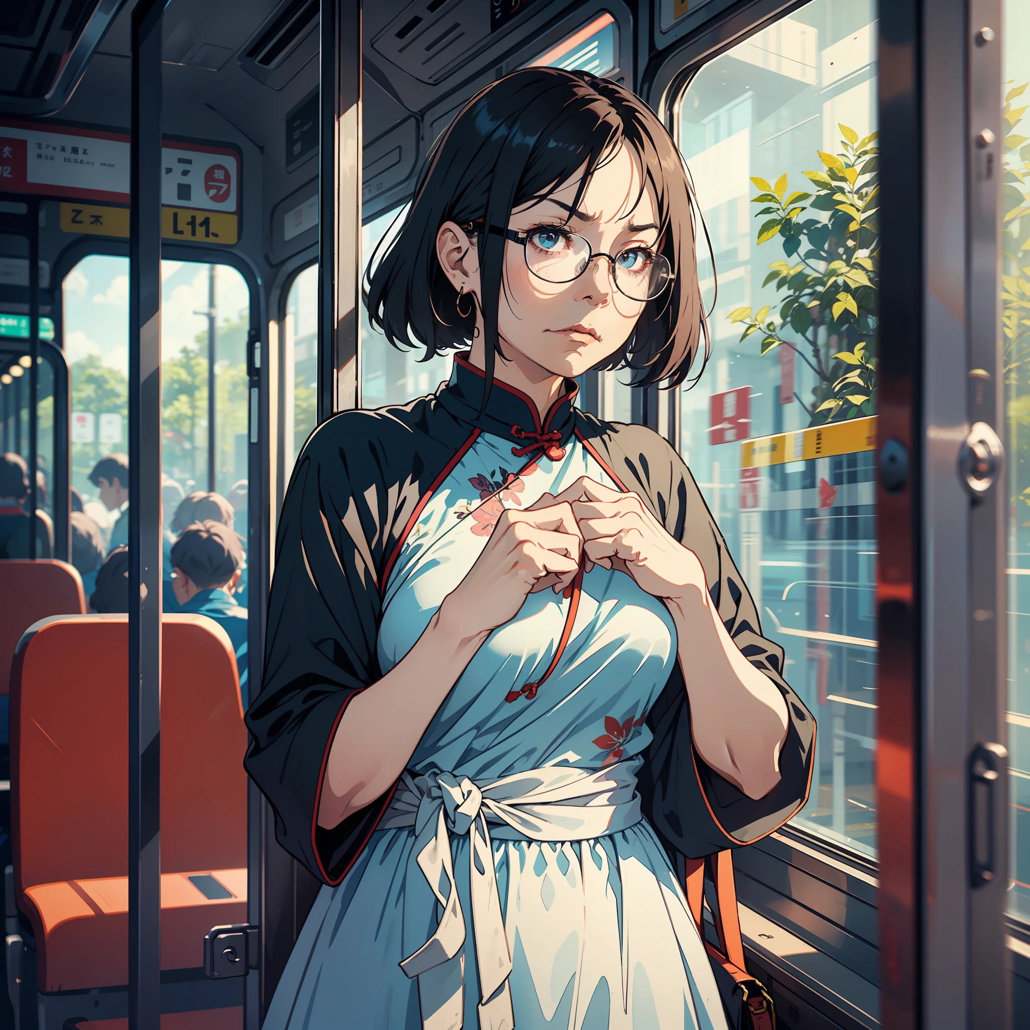 An old woman, with white sideburns, a wrinkled face, black-framed glasses, blue glasses, a red cheongsam, angry, with her hands crossed at the waist, stood on the bus, surrounded by passengers