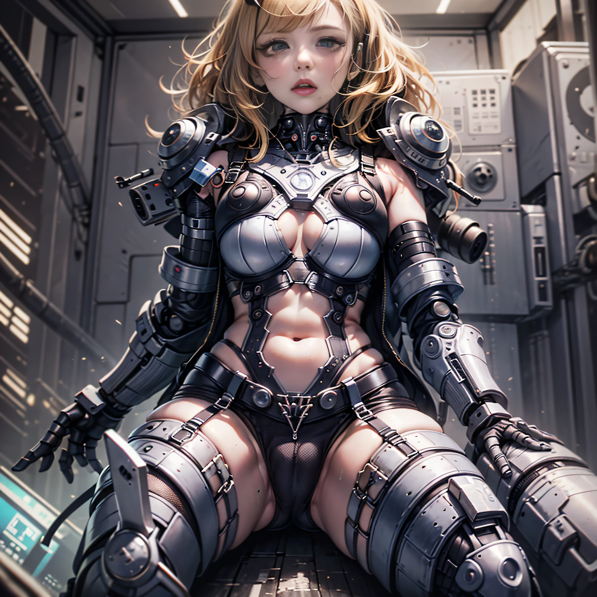 cyberpunk, cyborg beauty, hands are robot parts, (high resolution, young blonde beauty), very big, very small micro underwear, sticking out, crotch wide open, shape clearly visible, pubic area clearly visible, crotch wide open, underwear that sticks to wet skin, lying on bed