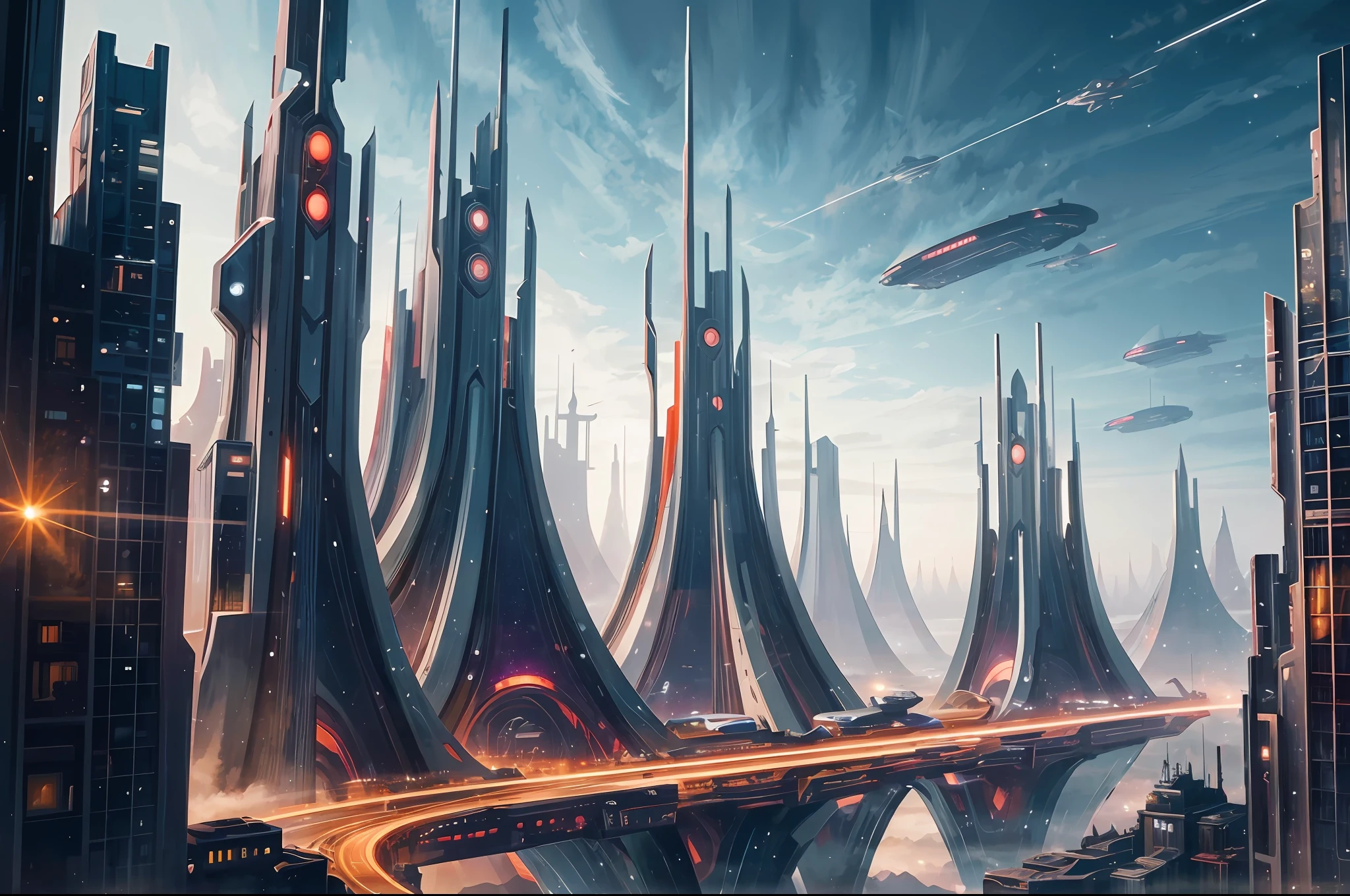 science fiction art, futuristic city in the morning