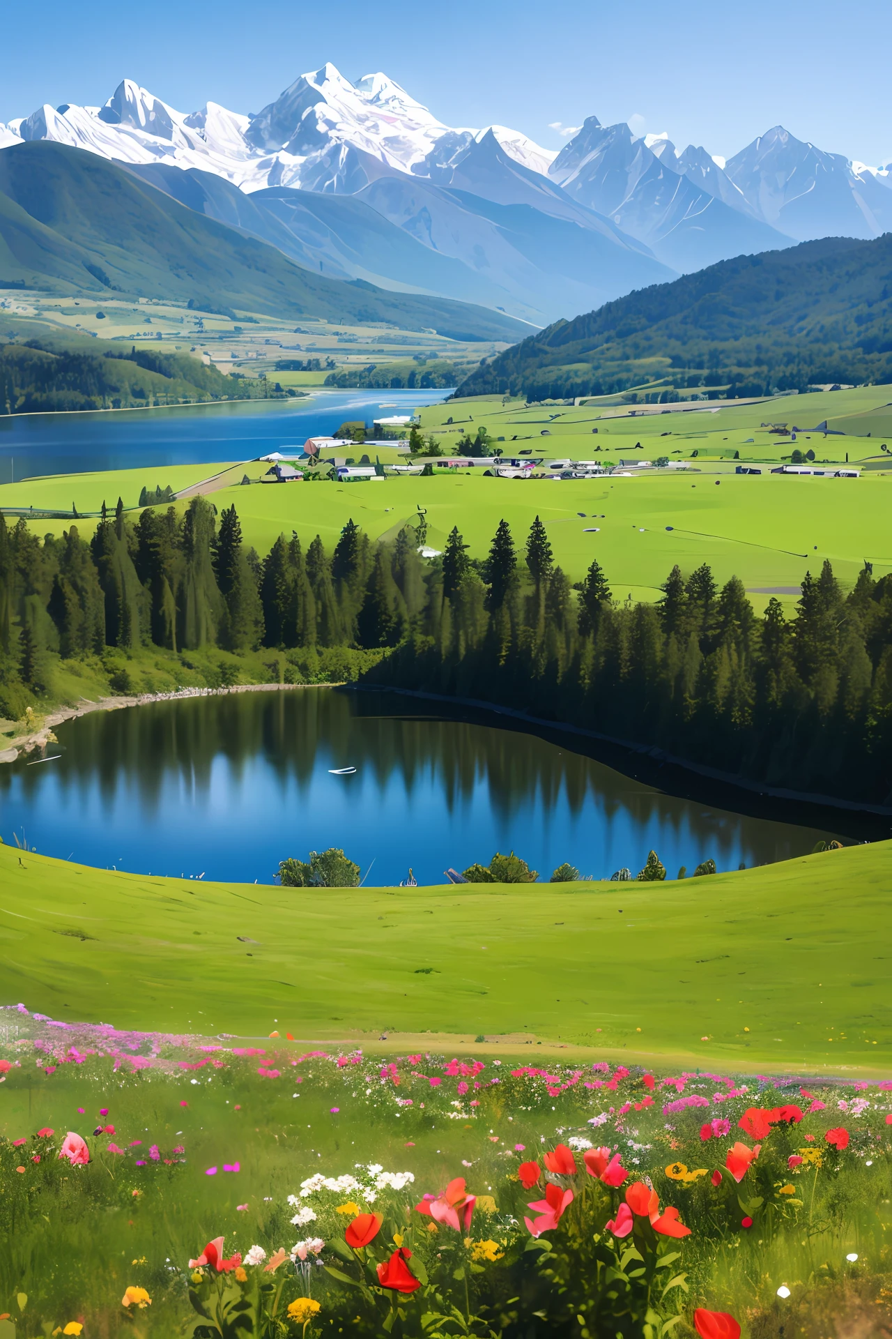 Real scene, 8k, sparkling lake, mountain peaks in the distance, meadows, beautiful flowers, real photos --auto