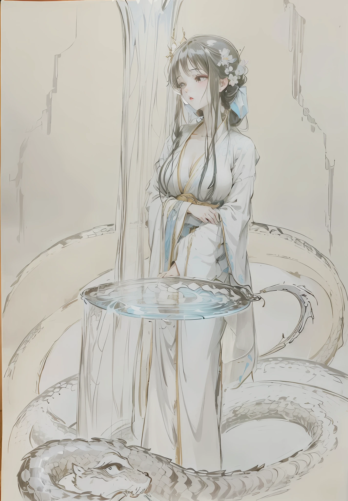 A heavenly woman heals a wounded serpent、A heavenly woman pouring a large snake full of water from a large light blue dish with transparent water flowing from above、Heavenly maiden has black hair tied back、She is wearing a white kimono with a large open chest、Illustration of a pale shade of pencil and water-based paint