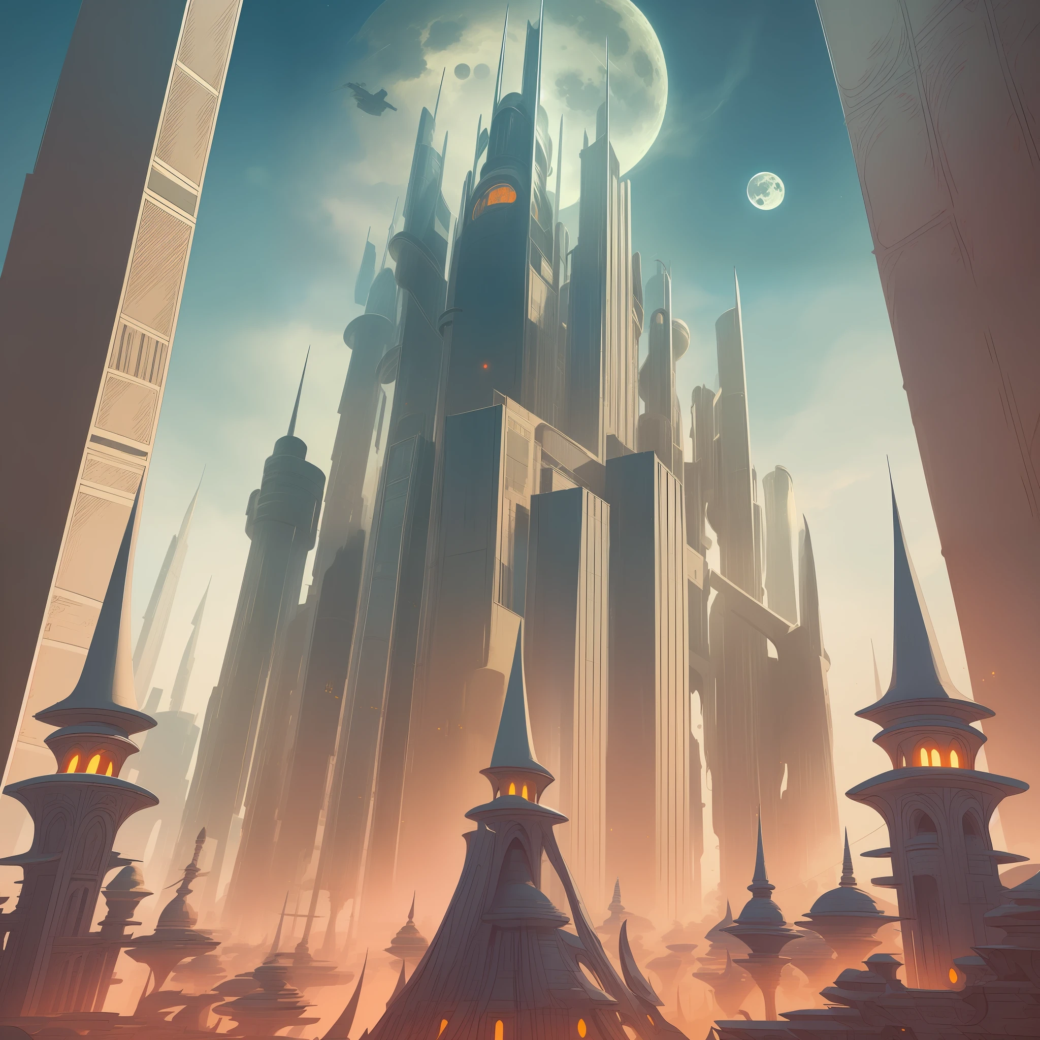 there is a large futuristic masterpiece Arabian castle in Quranic art style in the middle of a futuristic city with a moon, in fantasy sci - fi city, sci-fi fantasy wallpaper, masterpiece concept art cityscape, epic Arabic calligraphy art sci fi illustration, huge futuristic islamic design, fantasy scifi, with masterpiece Quranic art desktop wallpaper, fantasy art city background, in front of a fantasy city, fantasy city, in a castle on an alien planet with masterpiece Calligraphy.