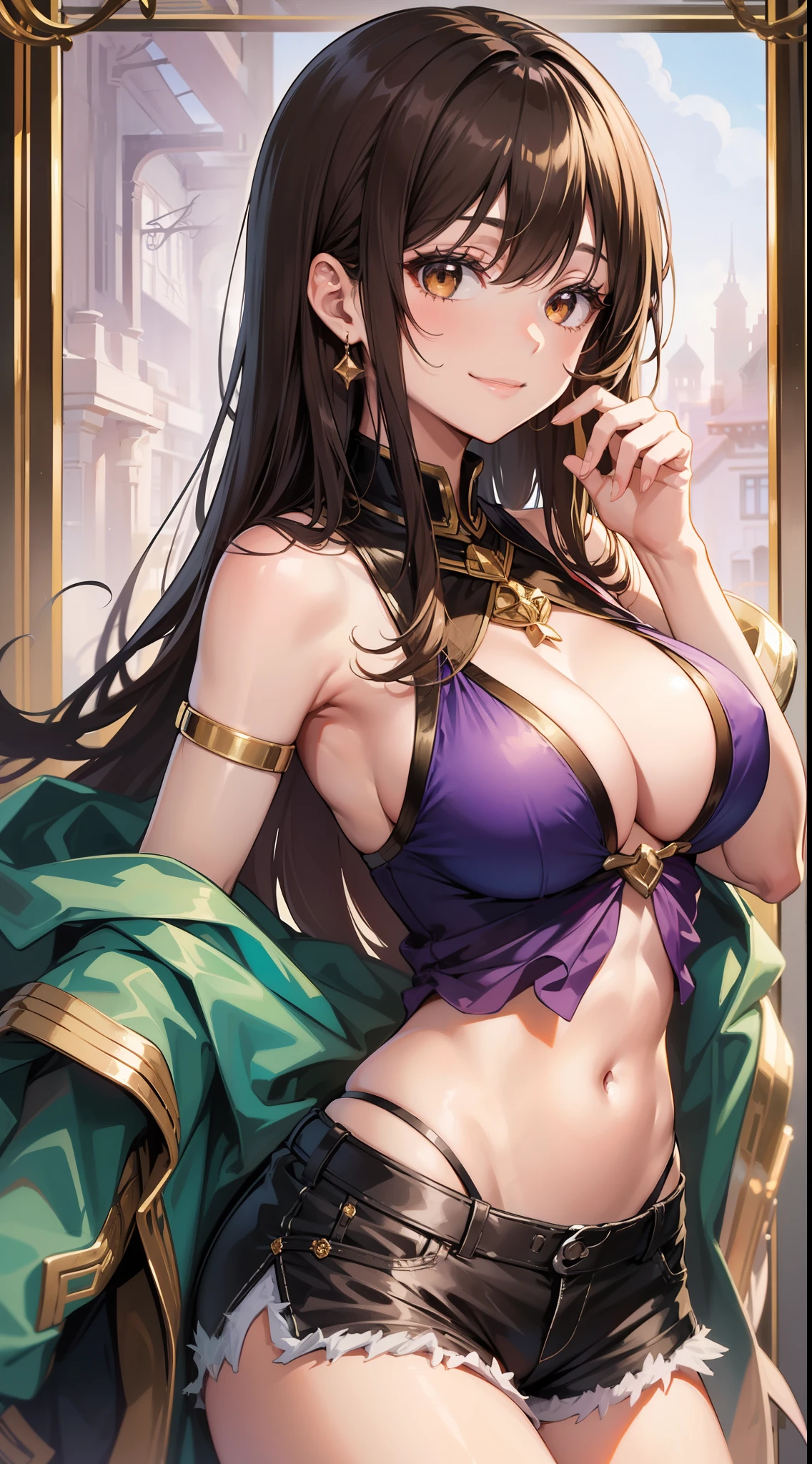 A young girl, long Brown hair, golden eyes, Summer robe, purple sleeveless top, Shorts, open abdomen, inner boob, smile, masterpiece, high-quality