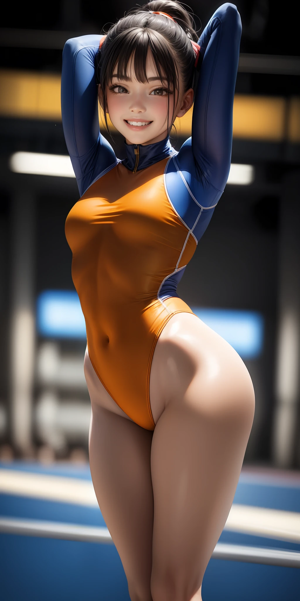 realistic, girl, gymnastics, orange leotard, background practice venue, sexy, smiling