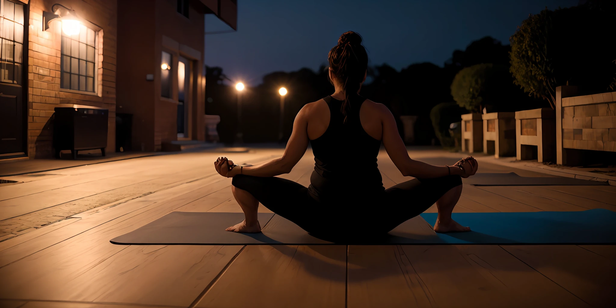 Back view full body photo of a woman practicing yoga poses. shot on canon 5D Mark IV with canon 16-35mm lens, cinematic lighting, Wes Anderson style, ultra detailed, night, haze, high resolution, perfect composition