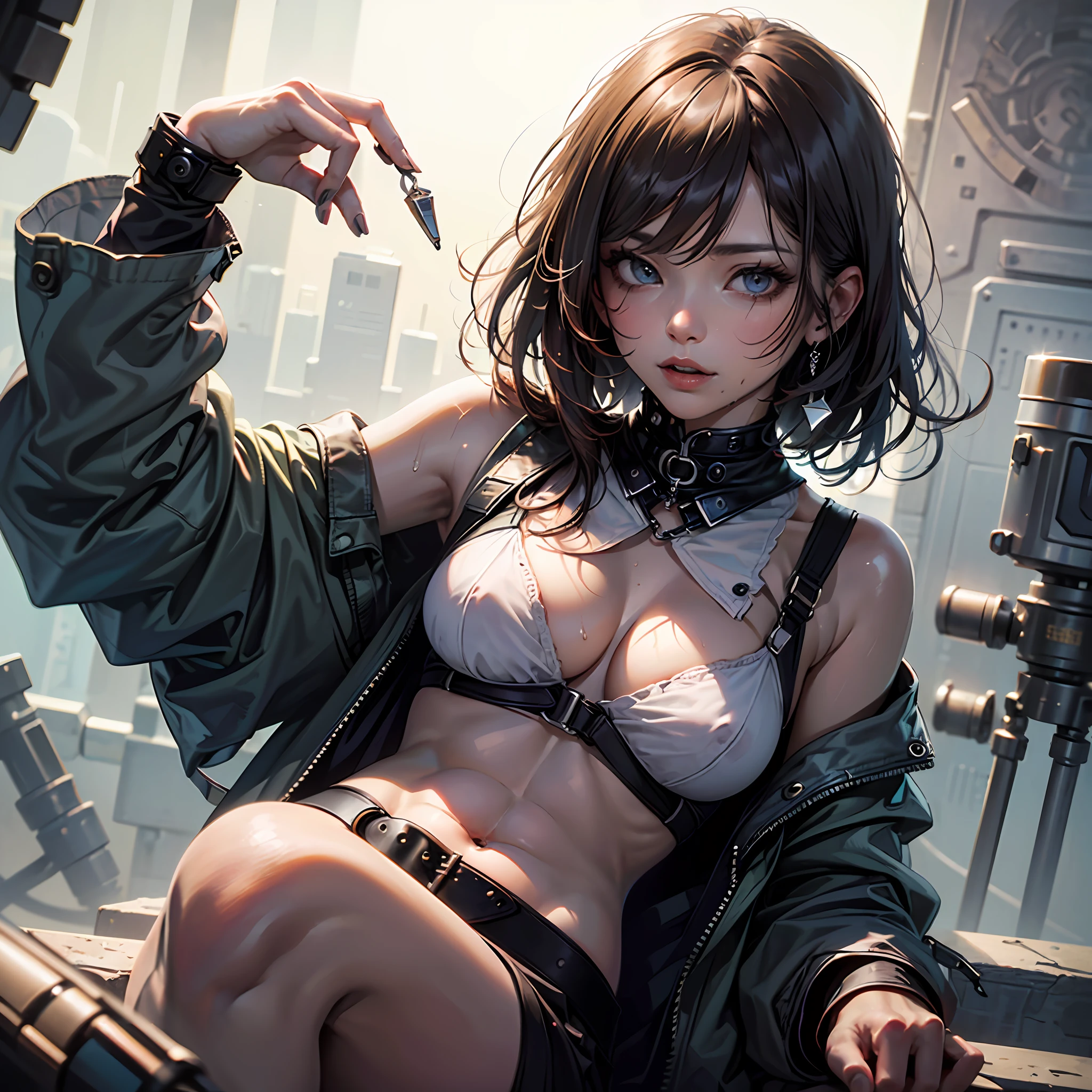 ((Top Quality, 8k, Masterpiece: 1.3)), Sharp Focus: 1.2, Beautiful Women with Perfect Body: 1.4, Slim Abdomen: 1.2, (((Layered Haircut, Big: 1.2)), (No Bra) (Small and Beautiful Hard Nipples) (Bondage), (White shirt wet from rain), (Big Effect), Wet Body: 1.1, Highly detailed face and skin texture, Detailed eyes, double eyelids, tanned skin, sexy, --auto
