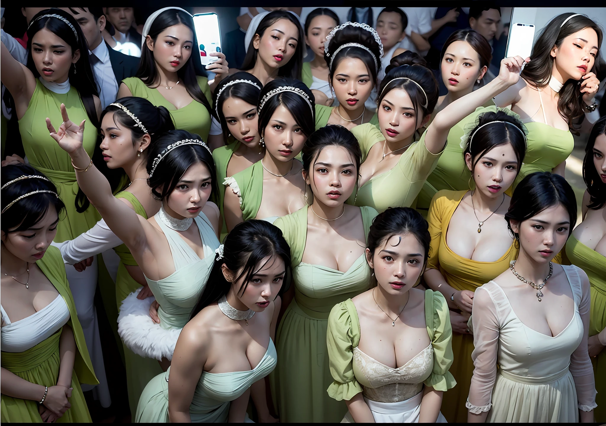 Large group of harem maids, Uzbekistan girls, photo realistic:1.4), (hyper realistic:1.4), (realistic:1.3), (smoother lighting:1.05), (increase cinematic lighting quality:0.9), 32K, realistic lighting, backlighting, light on face, ray trace, (brightening light:1.2), (Increase quality:1.4), (best quality real texture skin:1.4), finely detailed eyes, finely detailed face, finely quality eyes, (joy, blush), face closeup, (Increase body line mood:1.1), (Increase skin texture beauty:1.1) armpit