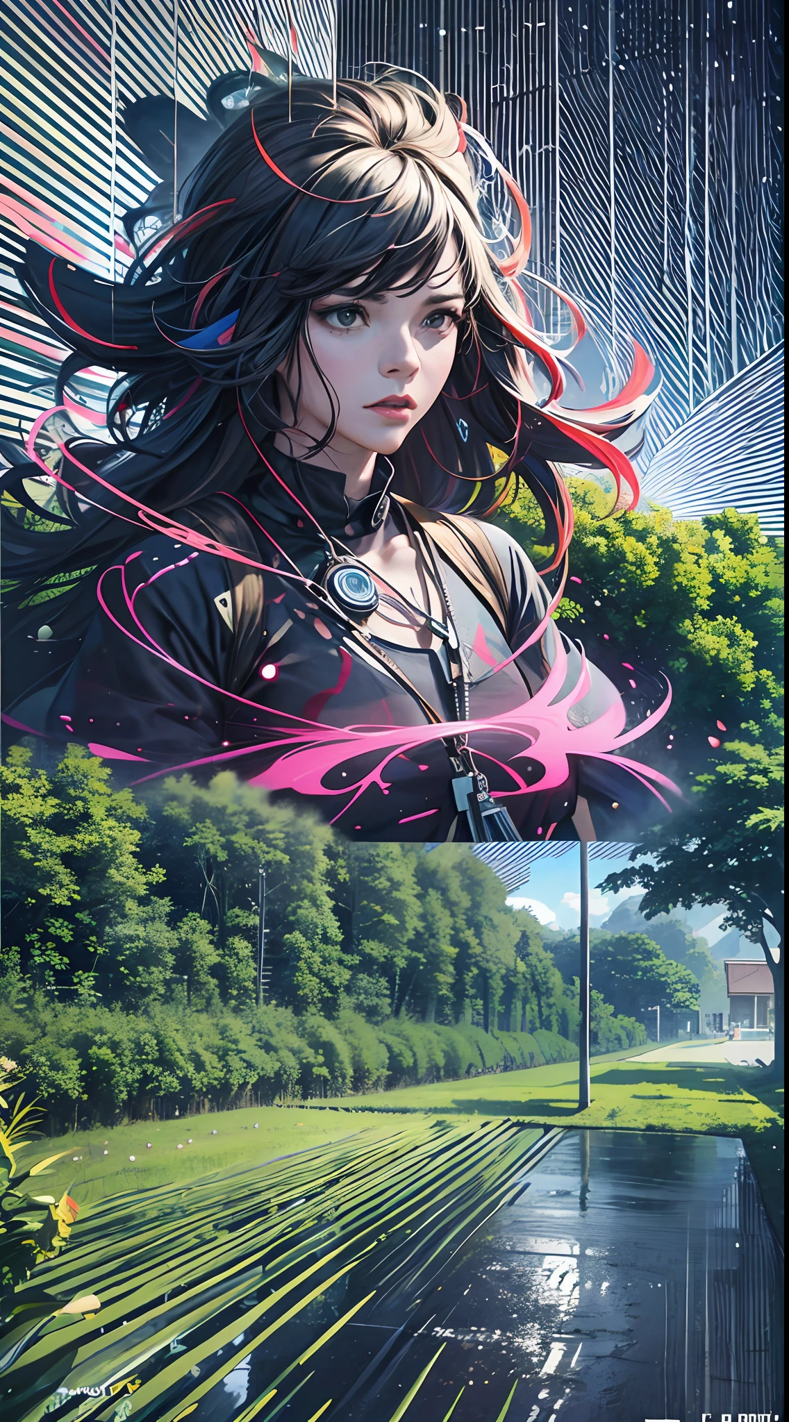 unparalleled masterpiece,ultra realistic 8k CG,perfect artwork, (art by Bridget Riley:1.3) ,art by Ferdinand du Puigaudeau, anime key visual, Biomorphic Sister, designed by Jurassic Park, DJ, Synagogue in background, Sun in the sky, Anime screencap, dmt, dramatic lighting, triadic colors, cosmic energy, extremely beautiful, RTX