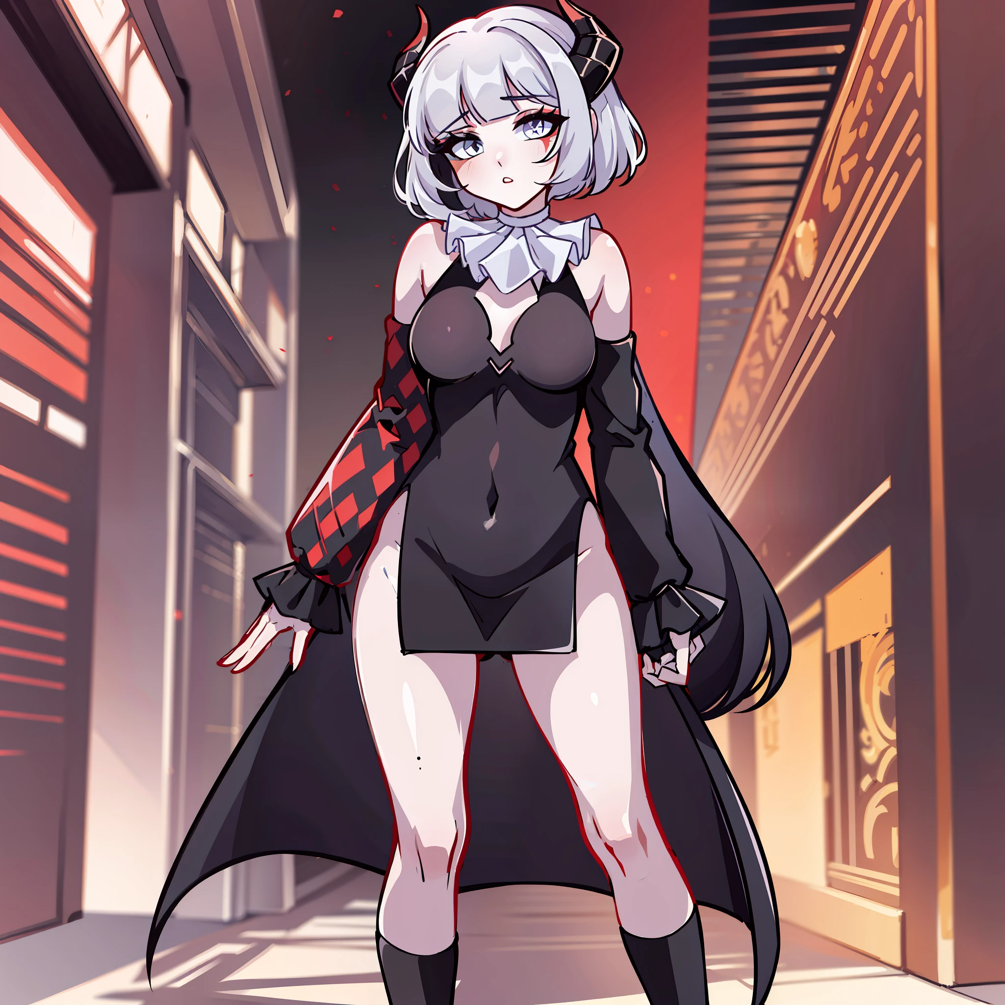 (Best quality: 1.0), (super high res: 1.0), extremely detailed character, detailed Hands, half-dragon girl, horns, scales on the neck, scales on the shoulders, scales on the forearm, scales on the cheek, Extremely detailed black dragon tail, extremely detailed hair, short hair, ((white hair)), ((black locks)), extremely detailed eyes, heterochromia (one white eye and one black eye), dragon eyes,  2d, tomboy girl, anime art, teen, ((full body)), standing straight, medieval, rpg