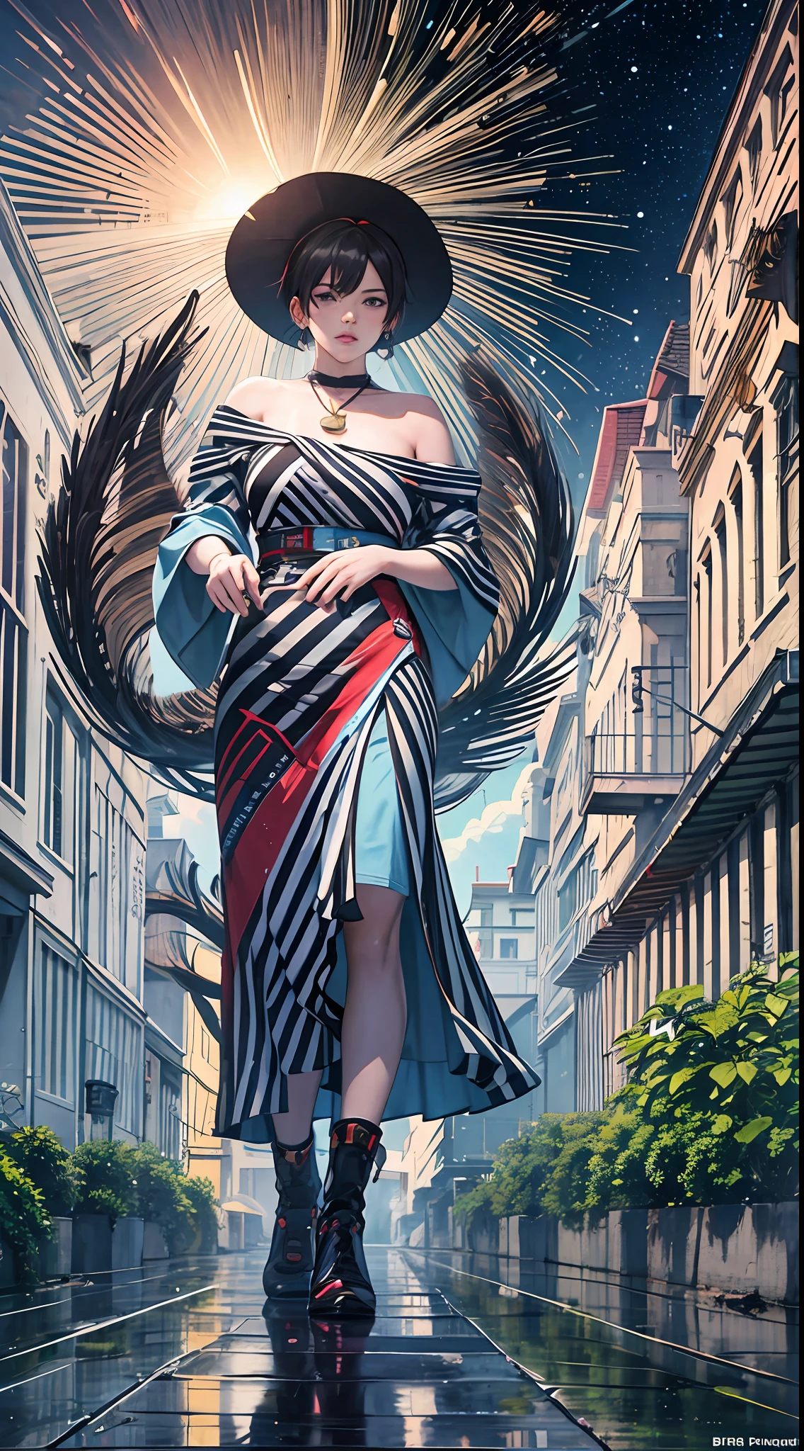 unparalleled masterpiece,ultra realistic 8k CG,perfect artwork, (art by Bridget Riley:1.3) ,art by Ferdinand du Puigaudeau, anime key visual, Biomorphic Sister, designed by Jurassic Park, DJ, Synagogue in background, Sun in the sky, Anime screencap, dmt, dramatic lighting, triadic colors, cosmic energy, extremely beautiful, RTX