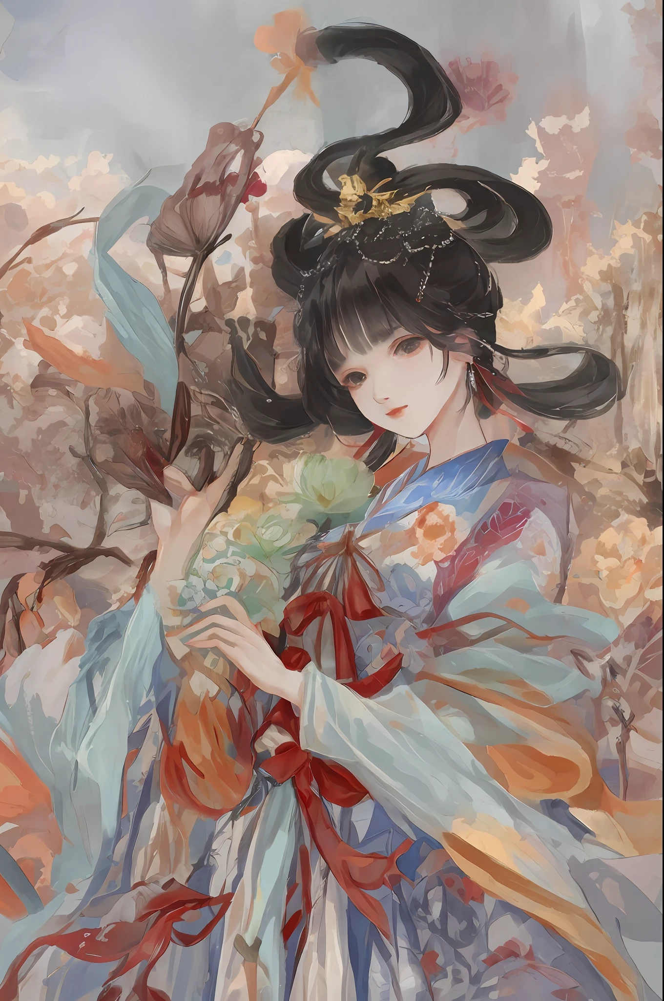 An ancient Chinese beauty sitting on a stone, wearing ancient Chinese clothing, flowing tulle, light silk, lazy posture, large lotus leaf, lotus, ink painting style, clean color, decisive cutting, blank, freehand, masterpiece, super detailed, epic composition, high quality, the highest quality, 4k --v 6