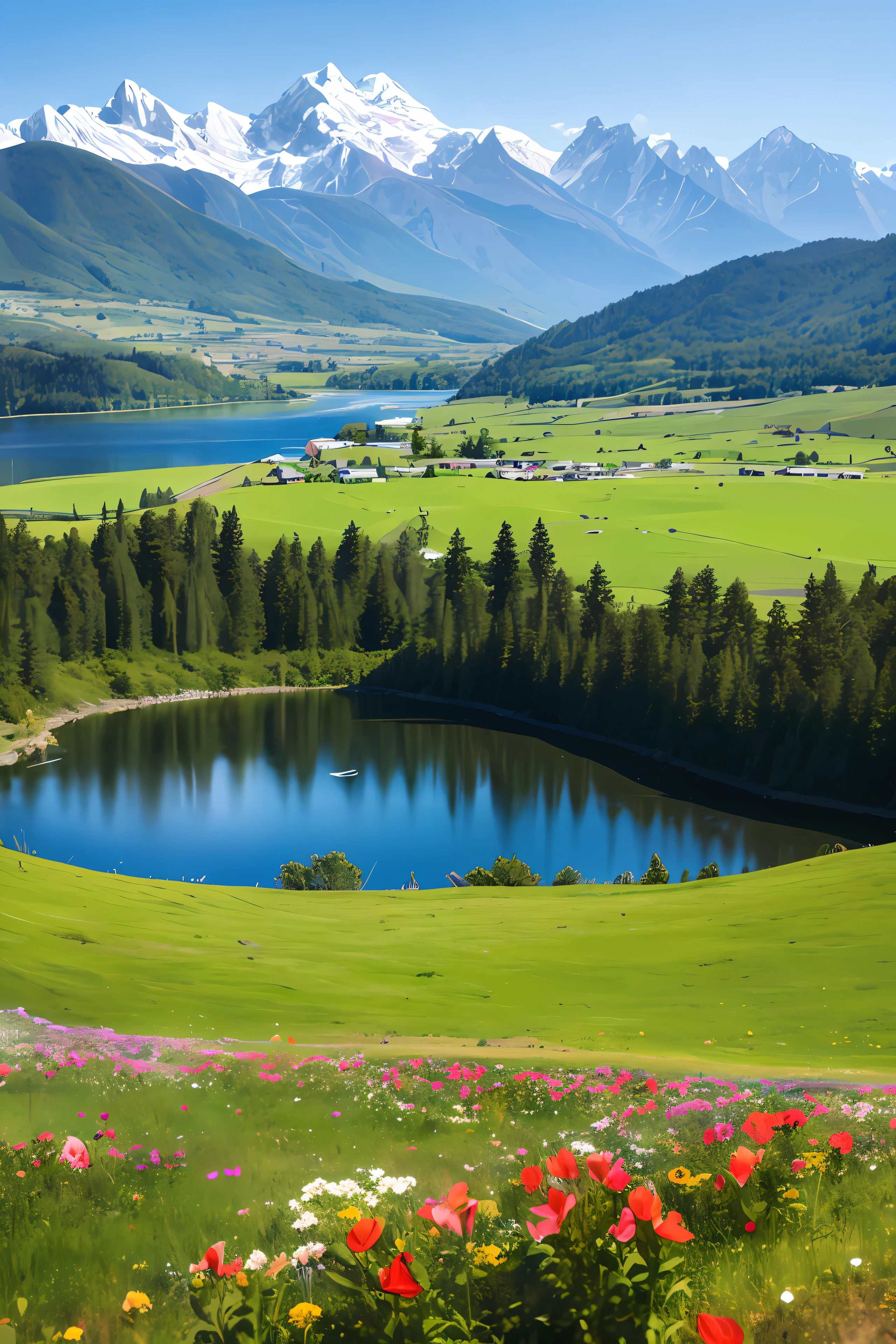 Real scene, 8k, sparkling lake, mountain peaks in the distance, meadows, beautiful flowers, real photos --auto