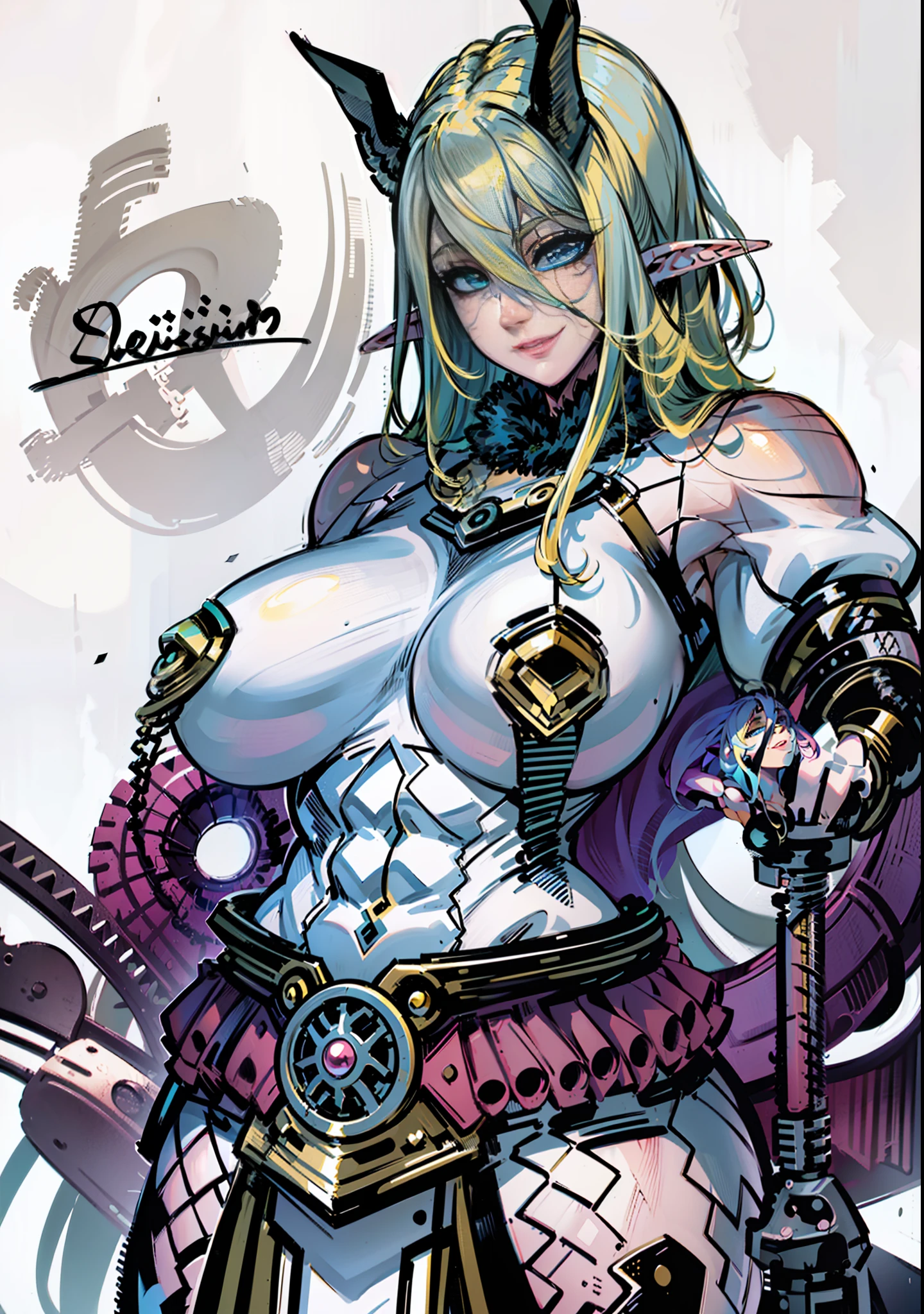 (((1girl))), (((long-hair-yellow-color)))), blue-eye, pink-skinned, muscular, (((yellow hair))), (((elf ears)), (happy expression), (contented expression), seductive look, bright look, large breasts, blue rays around, nose and eyes anime, arm bandages