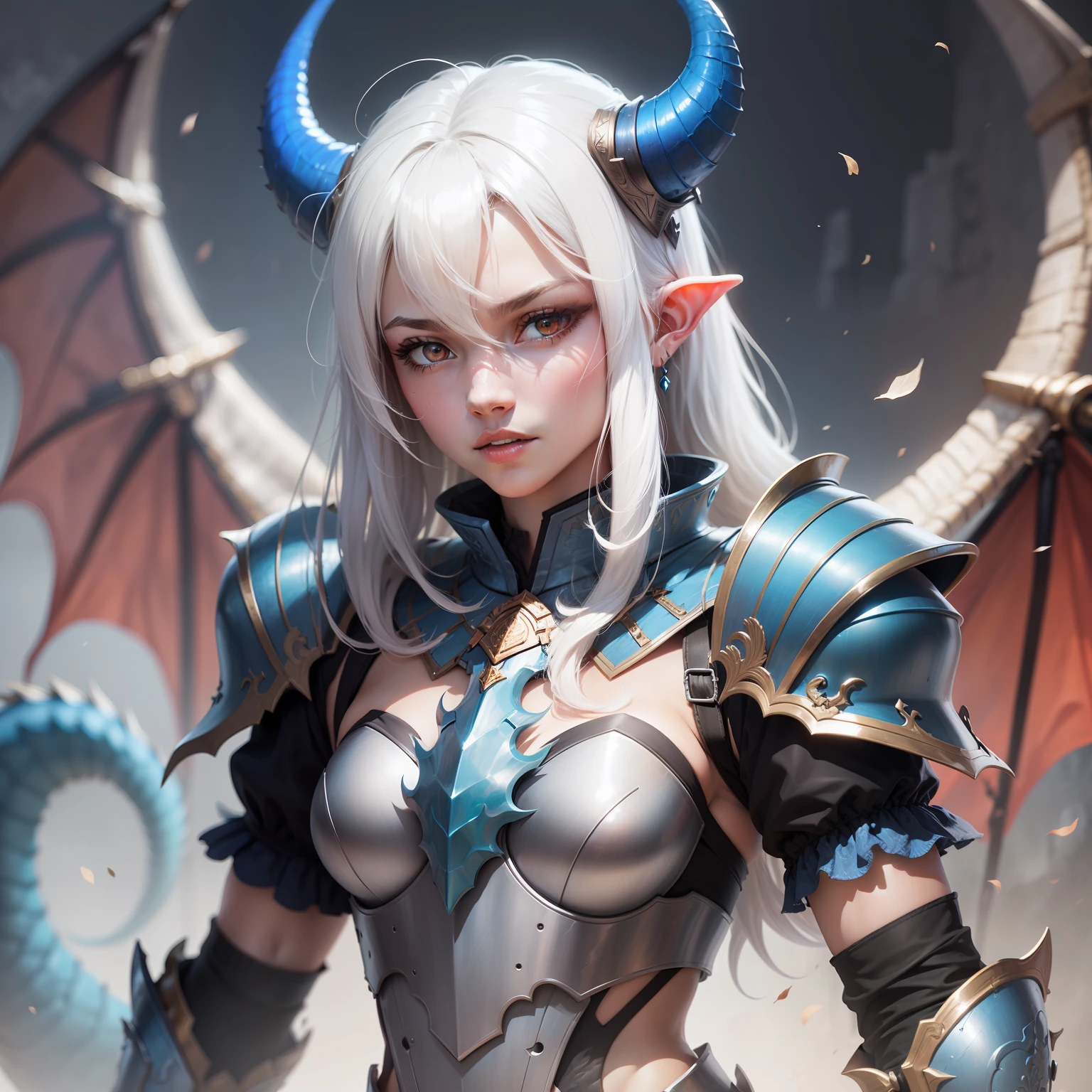 White hair + blue armor female, red eyes, dragon horns, blue dragon background.