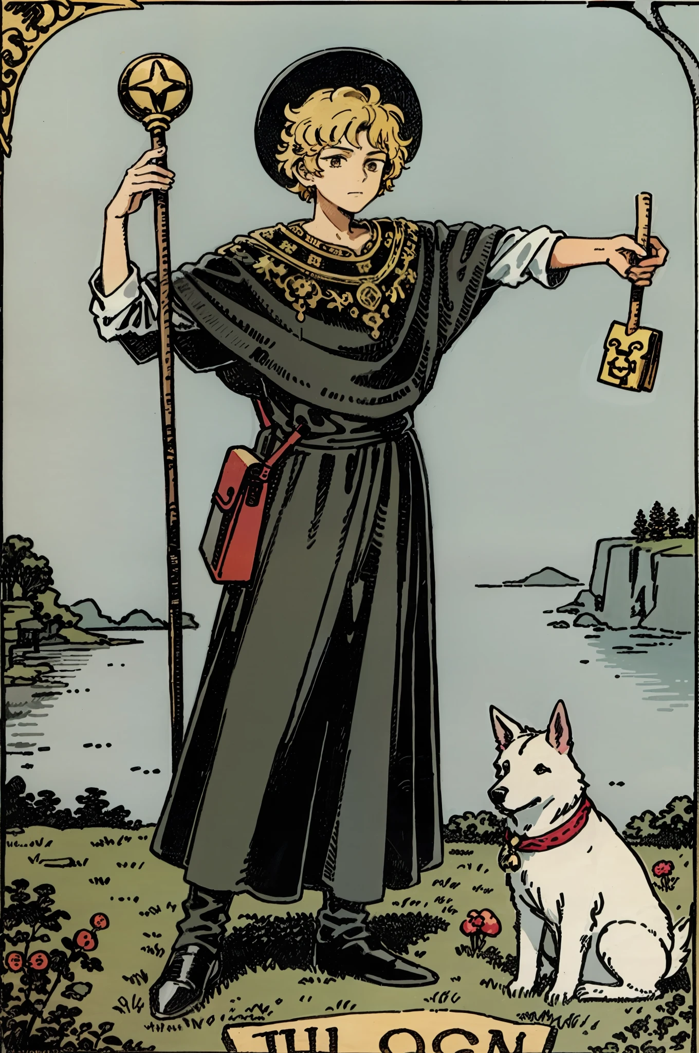 tarot card, the fool, man, bindle, stick and bag, cliff, dog, young magician
