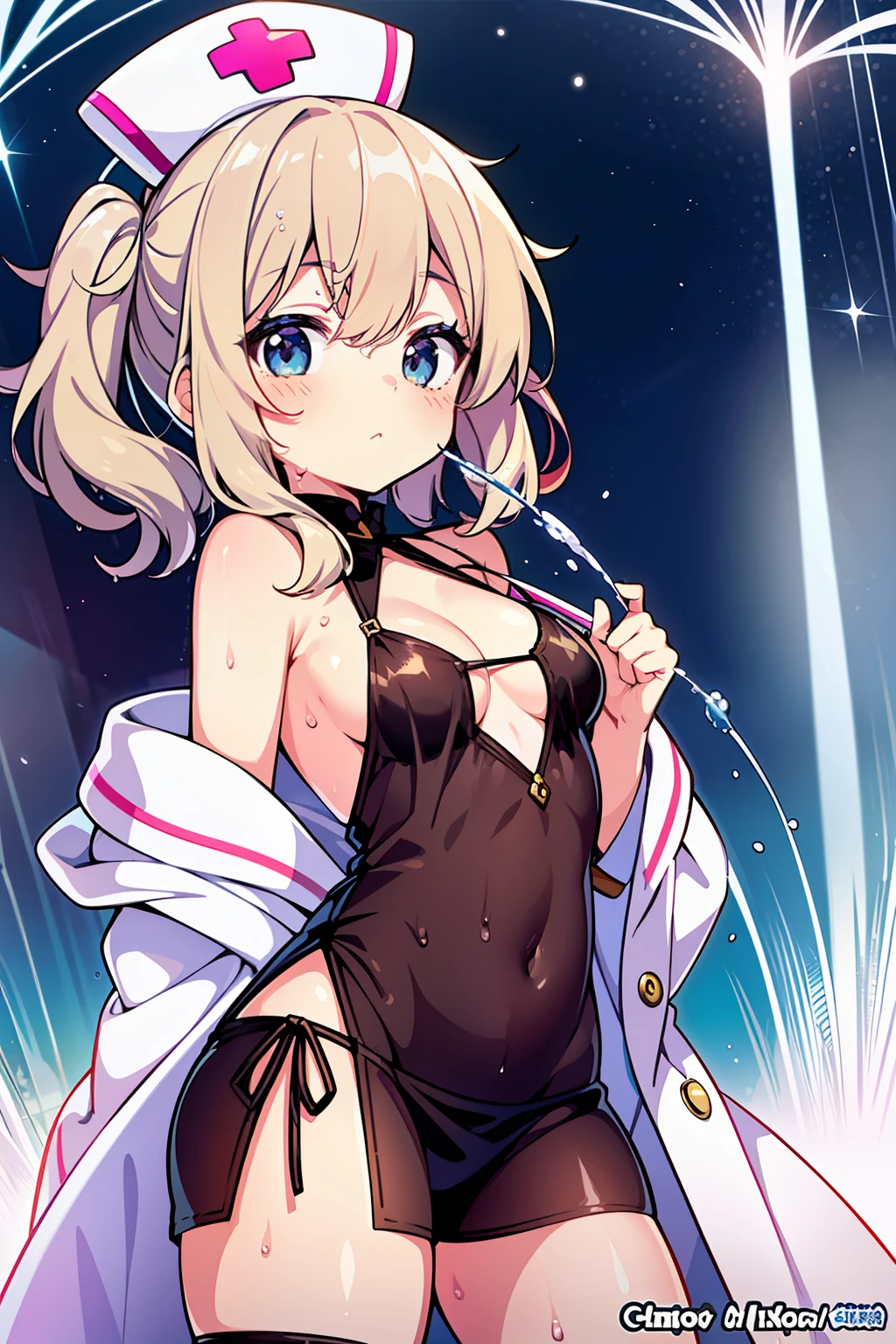 (Obra Prima), (Max Quality), (Ultra Detail), (Best Anatomy), Official Art, One Girl, **** with Light Colored Hair, Petite Girl, Nurse, See-Through Robe, Small Breasts, Cleavage, Off Shoulder, Underboob, Side Boob, Thigh Focus, Navel Bare, Low Angle, Wet and See-through, Deep Forest Fountain