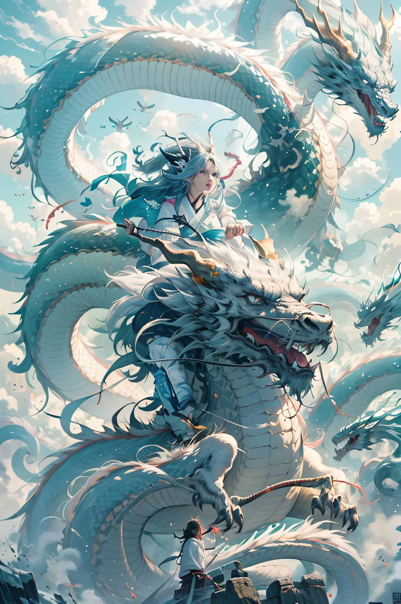 Dynamic lighting, art station, poster, volumetric lighting, very detailed faces, 4k wallpapers, award-winning, (((1 boy))), long hair flowing, dynamic perspective, white Hanfu, white gauze flying, red belt, traditional Chinese ink painting, surrounded by clouds and mist, riding a white dragon, stroking the dragon head, white dragon horns, dynamic perspective, movie lighting,