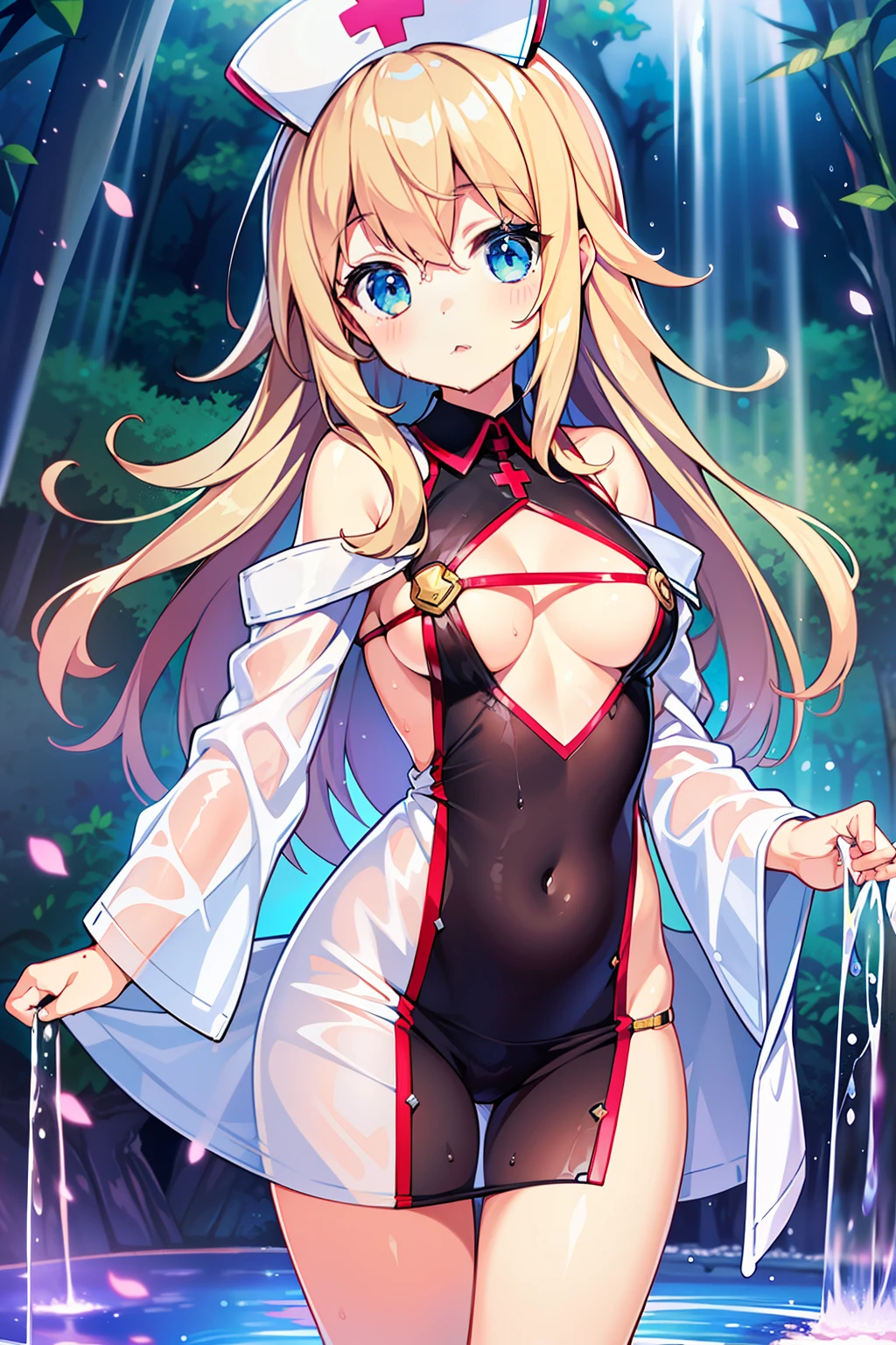 (Obra Prima), (Max Quality), (Ultra Detail), (Best Anatomy), Official Art, One Girl, with Light Colored Hair, Petite Girl, Nurse, See-Through Robe, Small Breasts, Cleavage, Off Shoulder, Underboob, Side Boob, Thigh Focus, Navel Bare, Low Angle, Wet and See-through, Deep Forest Fountain