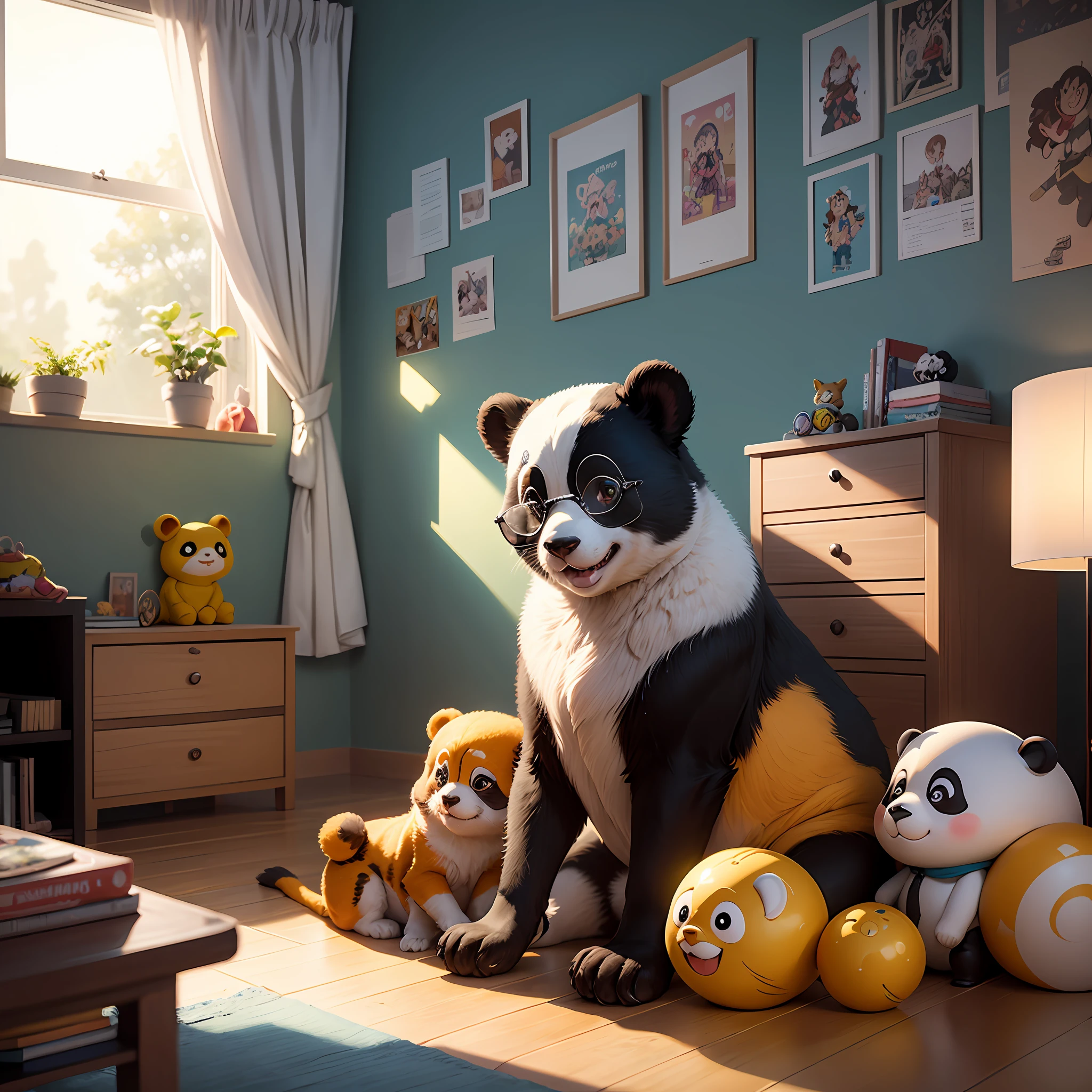 Num mundo de desenhos animados vibrante e colorido, um panda chamado Pandy embarca em aventuras emocionantes. Com sua pelagem macia e fofa, Pandy is a lovable character who lives in a lively city full of life.
In a room full of bright colors and fun patterns, Pandy is sitting on the floor, surrounded by toys and cartoon objects. Uma TV de tela plana, maior que Pandy, is propped up on the ground, airing a funny cartoon show that makes Pandy laugh out loud.
The room is illuminated by a cloud-shaped hanging lamp, que emite uma luz suave e difusa. The walls are decorated with posters of animated characters, Creating a playful and cheerful environment.
Pandy is wearing a pair of large, colorful glasses, that add a touch of fun to your look. Ao lado dele, There's a bowl of popcorn overflowing, enquanto ele assiste seu programa favorito na TV.
Ao redor de Pandy, Toys and bouncing objects are scattered on the floor, incluindo bolas coloridas, Toy carts and building blocks. Everything is designed to create a lively and energetic environment.
No fundo, A window reveals a cartoon scenario, with a smiling sun shining in the clear blue sky. The landscape is full of trees with extravagant shapes and colorful houses, conveying the feeling of a magical world full of possibilities.
Pandy, com sua personalidade alegre e curiosa, is always ready to embark on new adventures, seja explorando a cidade animada, helping your animal friends or living exciting stories. Neste quarto de desenho animado, Pandy is the protagonist of his own series of adventures, bringing joy and fun to all who accompany you on this lively journey. --auto