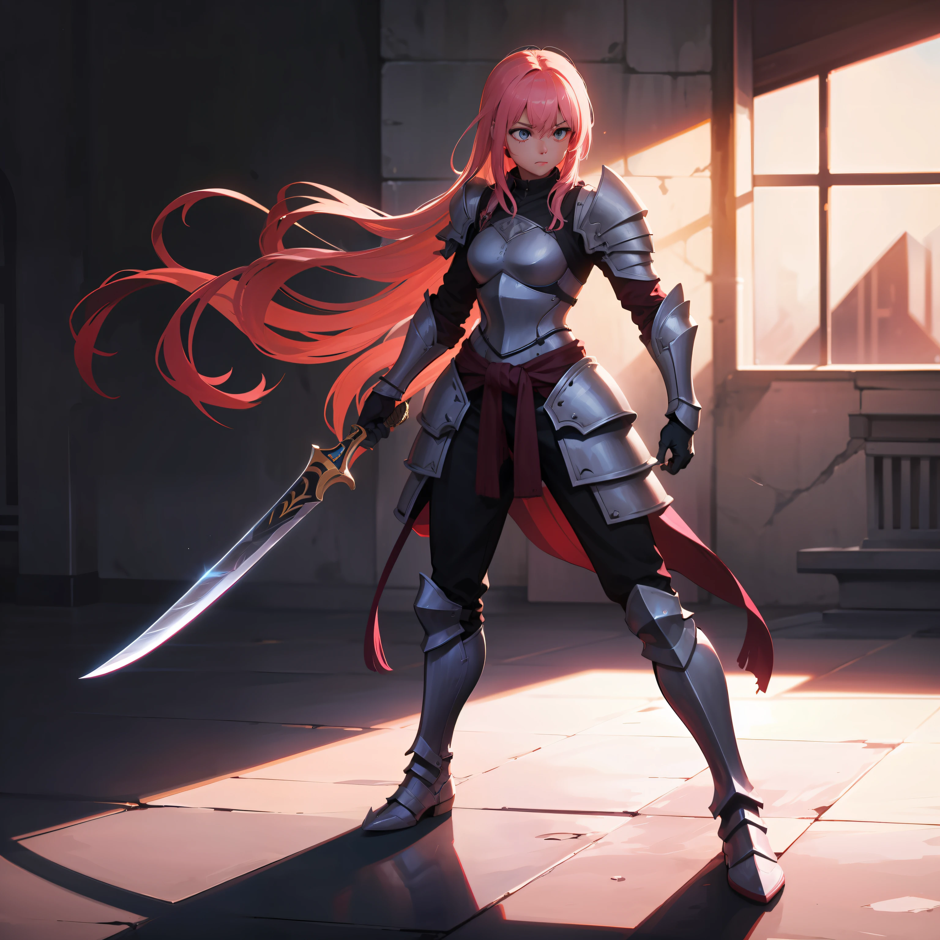 High quality, high-definition, (full-body), a female swordsman, pink hair, resolute eyes, a knife hanging from her waist, wearing armor, armor shoulders are broken, strong contrast between light and shadow