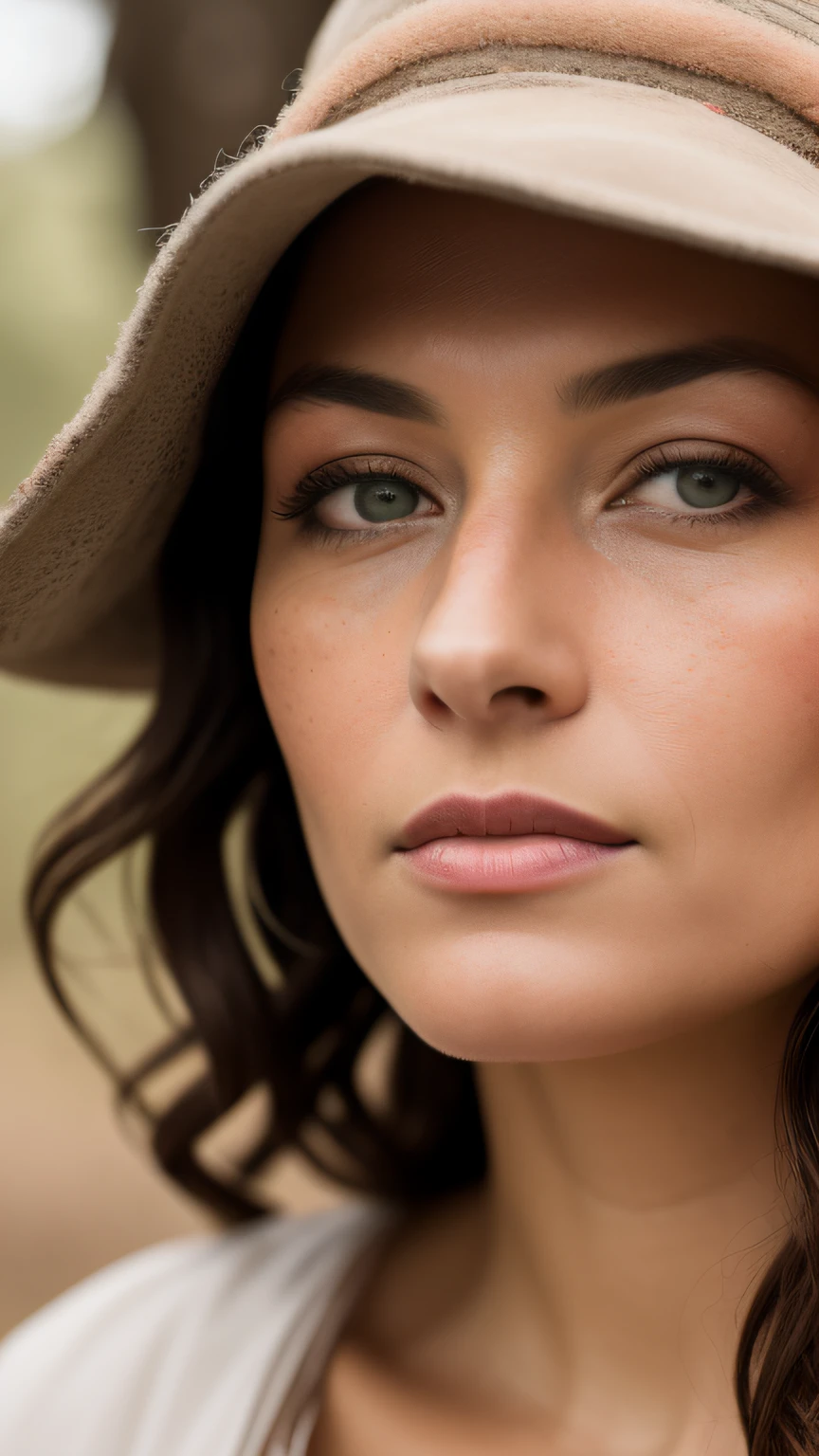 RAW photo, post-apocalyptic, close-up portrait photo of a 42-year-old woman in beige and white dress, voluminous wavy gray hair, leathery, rough skin, eyes that saw too much, piercing gaze, battle-worn out, a wooded landscape, a scorching sun, intense color, (highly detailed skin: 1.2), Greek goddess Aphrodite, 8k uhd, dslr, soft lighting, high quality, film grain, Fujifilm XT3