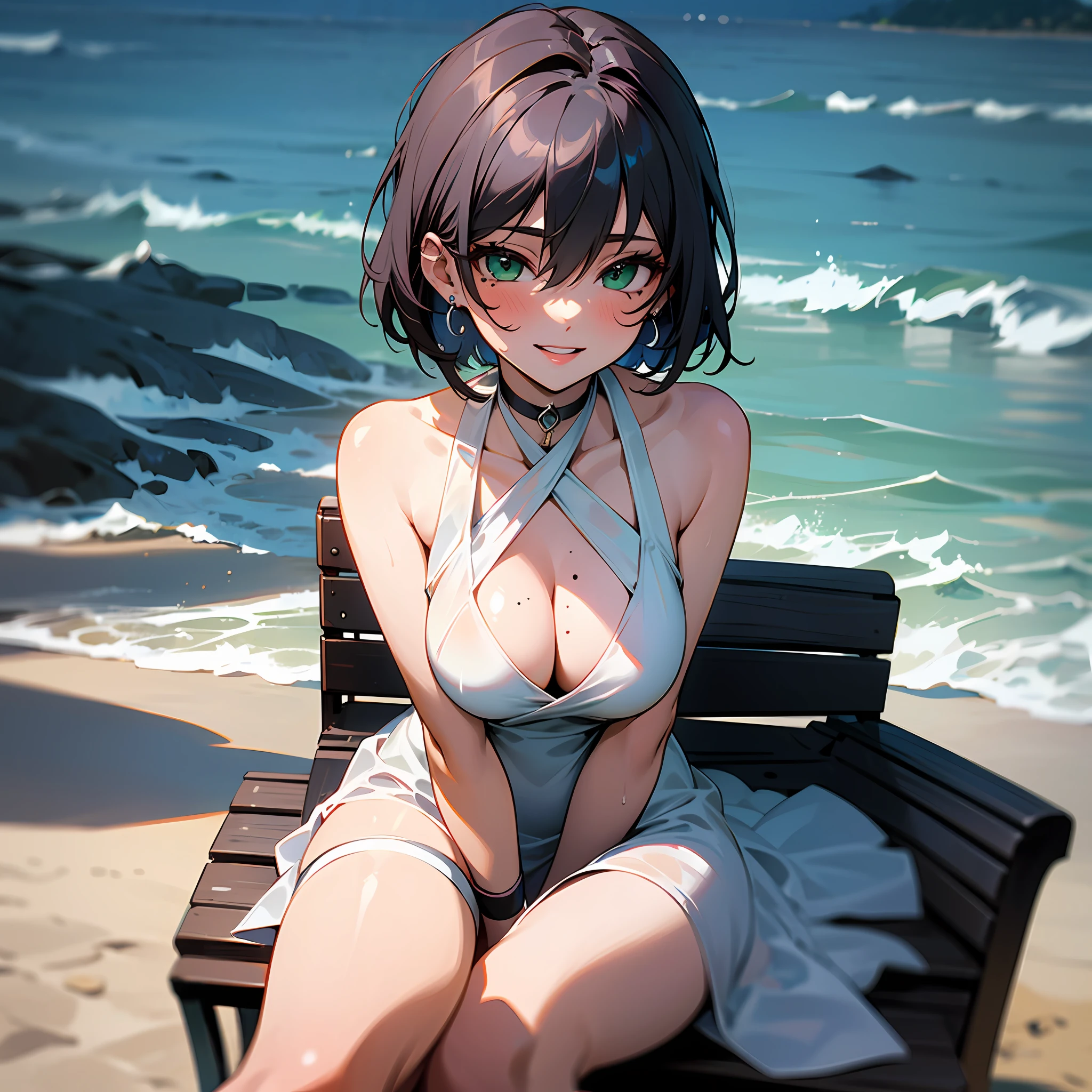 beautiful girl, solo, green eyes, cleavage, short hair, hair band, sitting, looking at the viewer, smile, dress, choker, beach, collarbone, white dress, outdoors, water, bare shoulders, black hair band, bangs, big, sea, black choker, day, parted lips, earrings, thighs, jewelry, lips, grinning, teeth, see-through, sleeveless dress, between legs, mole, sundress, Hands Between Legs, V Arms, Sleeveless, Large Breasts, Wet, Silver Hair, Blushing, Sand, Shore, Halter Neck, Arm Garter, Spaghetti Strap, Artist Name, Pink Lips, Arm Strap, Bare Arms, Eyelashes, Hair Between Eyes, Ruffles, Bench, Piercings --auto