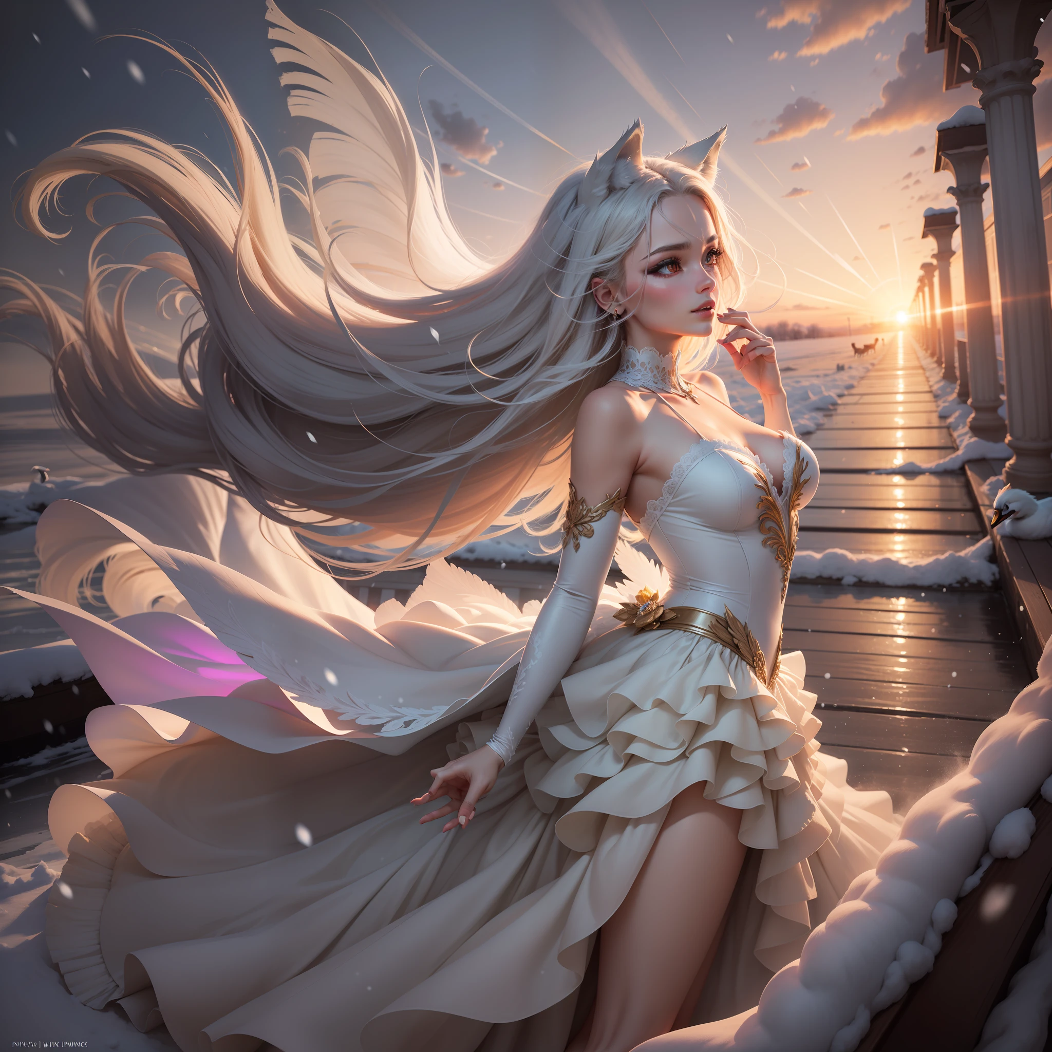 (nvinkpunk:1.2) (SNTHWVE style:0.8) wolf, anthro, lightwave, sunset, intricate, highly detailed, swan lake, heavy snow, girls, gorgeous long dress, long hair fluttering, purity, light and shadow, atmosphere, dynamics, dance, exquisite facial features