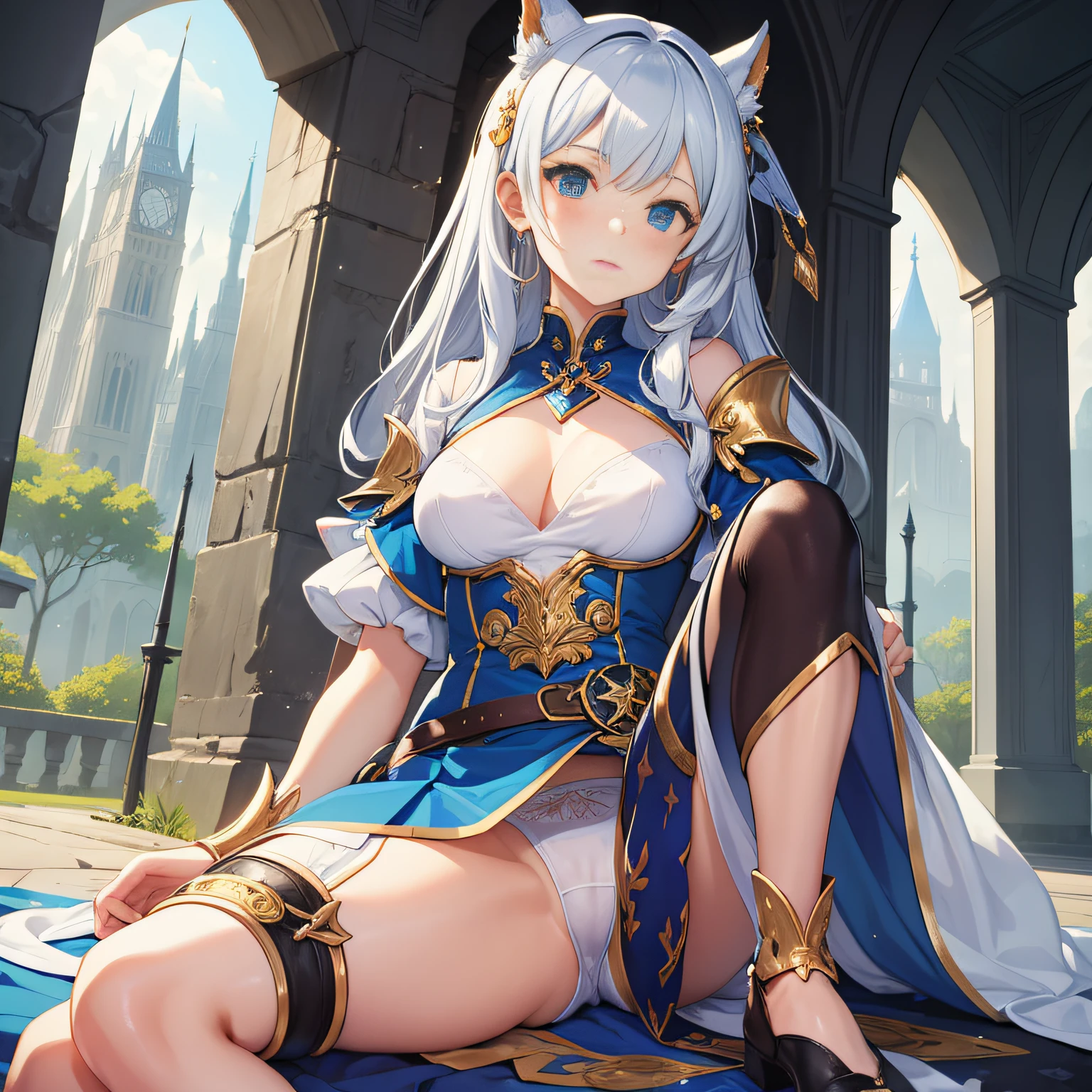 Girl. A world of swords and sorcery. White underwear. Miniskirt. Showy? Sitting and opening the crotch.
