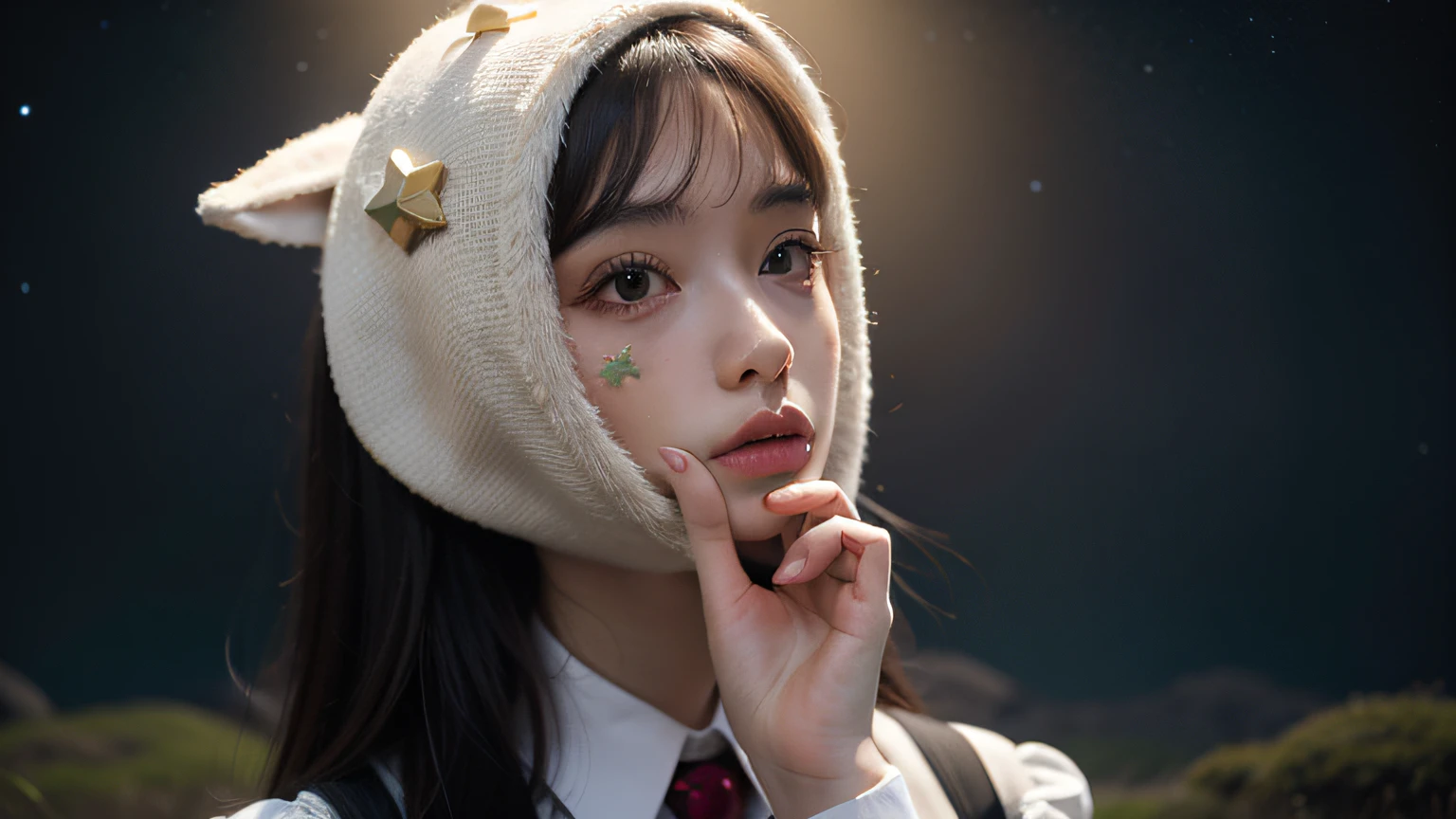 stars on the cheeks, mosses on head