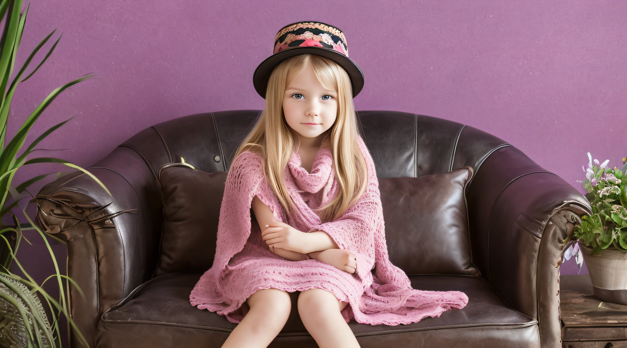 BLONDE CHILD girl,wearing a pink hat and scarf sitting on a black leather chair, photo from a promotional session, promotional photoshoot, young girl, beautiful young model, pink cowboy hat, young teenager, photo shoot, photoshoot, inspired by Toros Roslin, red dress and hat, modeling essay, young and beautiful girl, studio portrait photography,  photoshoot solo