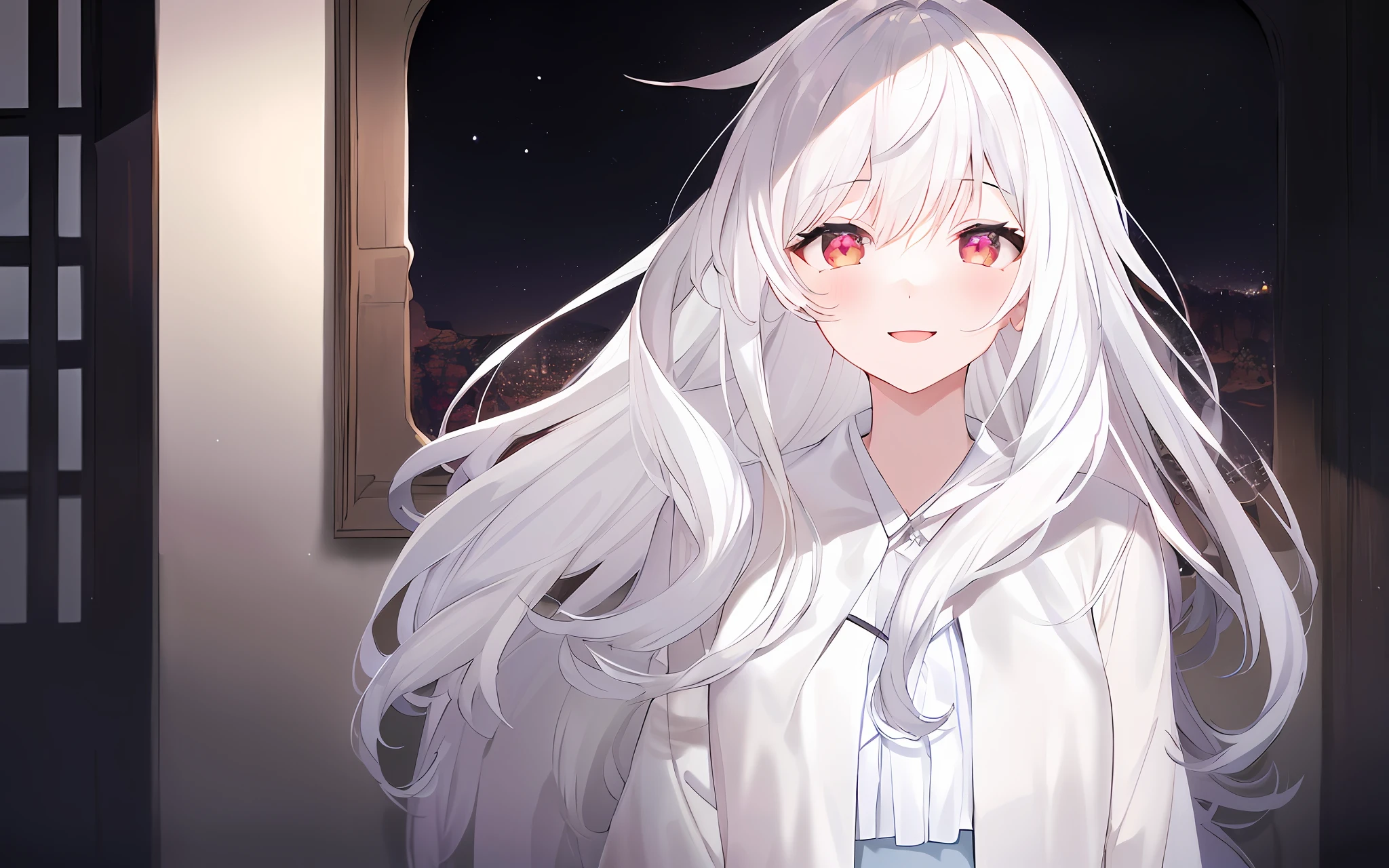 1girl, full body, denim photo, (Rembrandt), illustration, (masterpiece), (best quality), (ultra_detailed), finely detail, (Depth of field), gloves, long hair, star\ (symbol\), looking at viewer, (Silver hair:1.2), red eyes, upper body, hair ornament, :p, frills, pink shirt, smile, sleeveless, shirt, idol, symbol-shaped pupils, hands up, brags smile, sleeveless, shirt, idol, hands up, bangs, side up, arms up, skirt pulling, roaring twenties, isometric, seen from above, sky, flowers, cliffs，