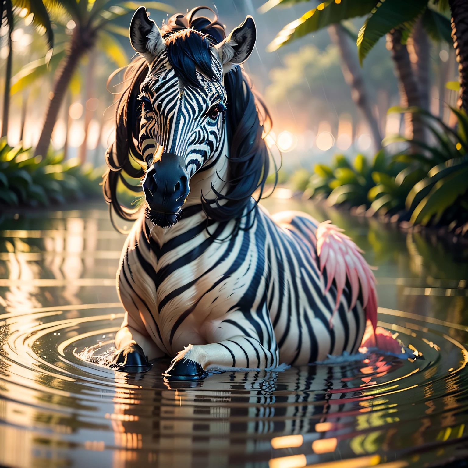 ((best quality)),((masterpiece)), hyper realistic illustration, (((ultra detailed)),, Scene structure: Enchanted forest: Winged zebras and flamingos dancing Hawaiian. Dense tropical forest. Wet rain. Beautiful sunset falling, movie light, cinematic, intricate details. Foliage rich in detail by Pixar, Walt Disney,, award-winning work, chromatic aberration abuse, 16K, motion blur, cinematic lighting, depth of field, reflection light, god rays, glowing light, blending, drop shadow, masterpiece