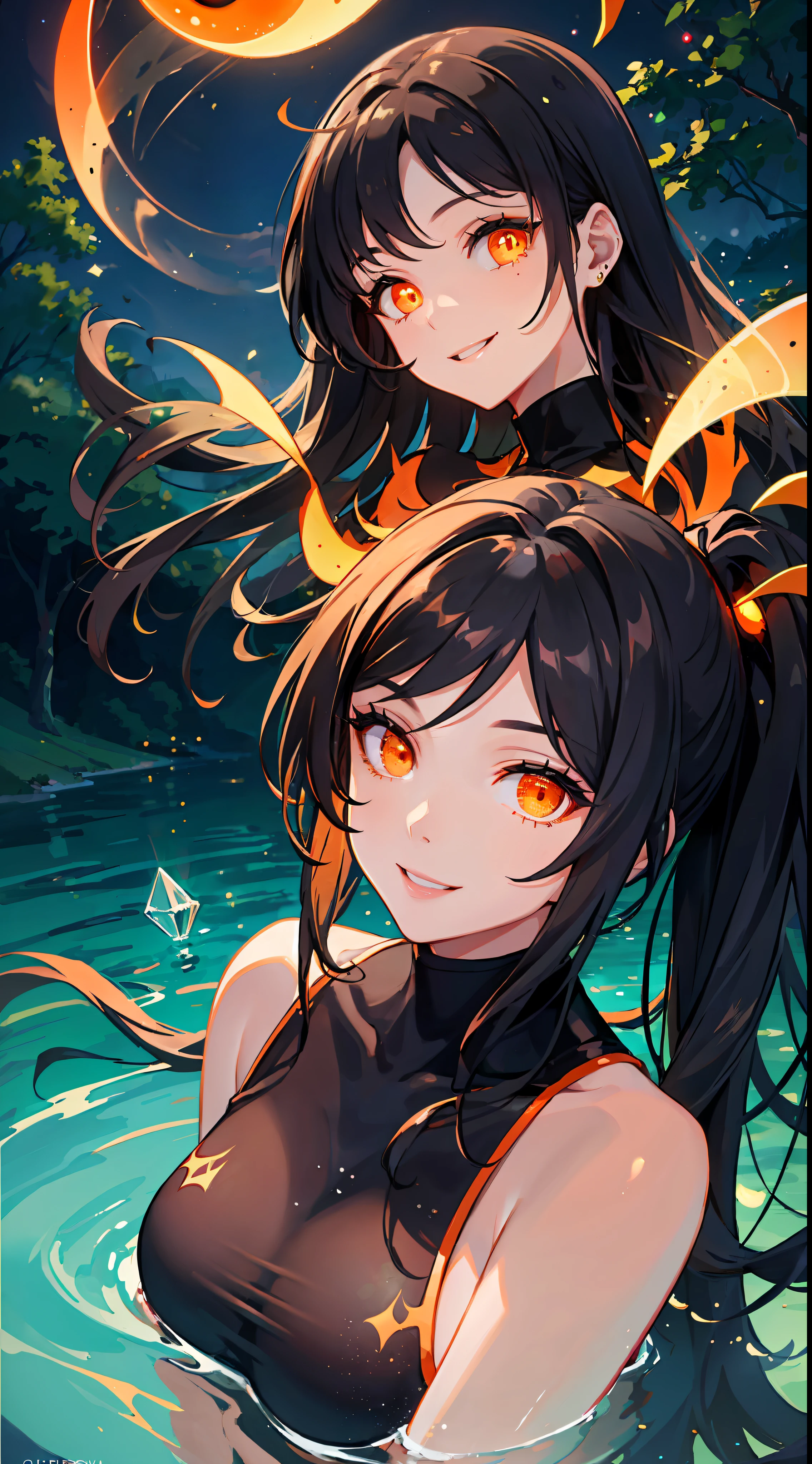 masterpiece, UHD, black hair, shapely, 1girl, crop top, detailed face, (beautiful and detailed orange glowing eyes:1.4), front shot, from bellow, smiling, full body, lake background, crystal clear water, park, night,